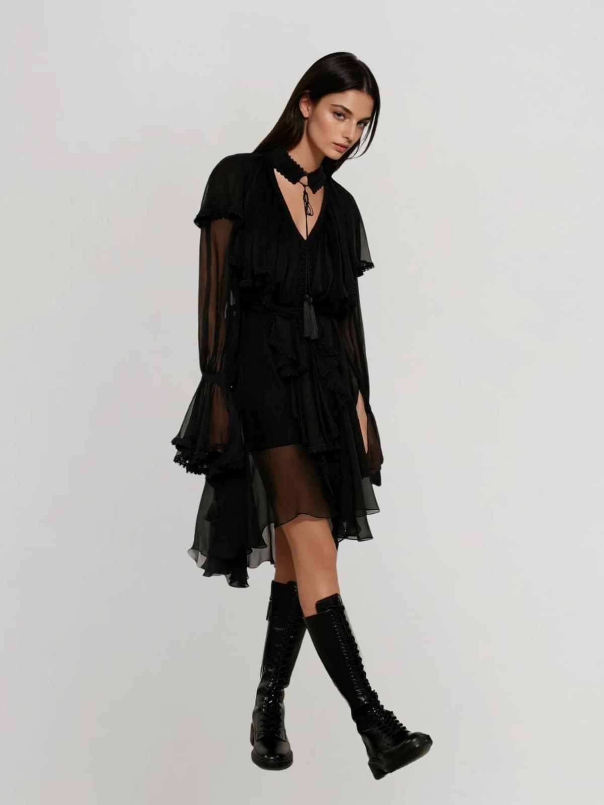 Dynexus Long Sleeve Mesh Ruffle Mini Dress