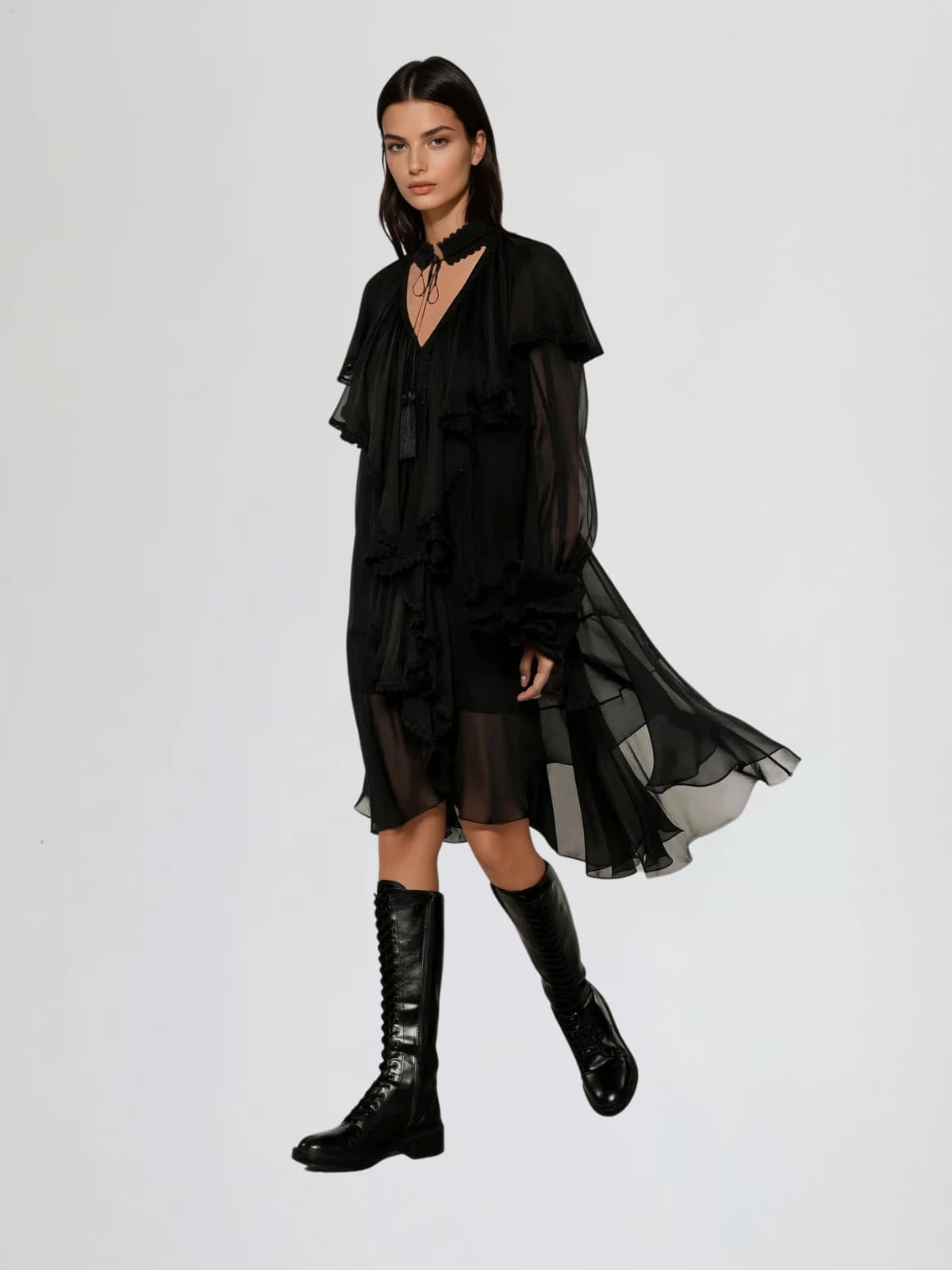 Dynexus Long Sleeve Mesh Ruffle Mini Dress