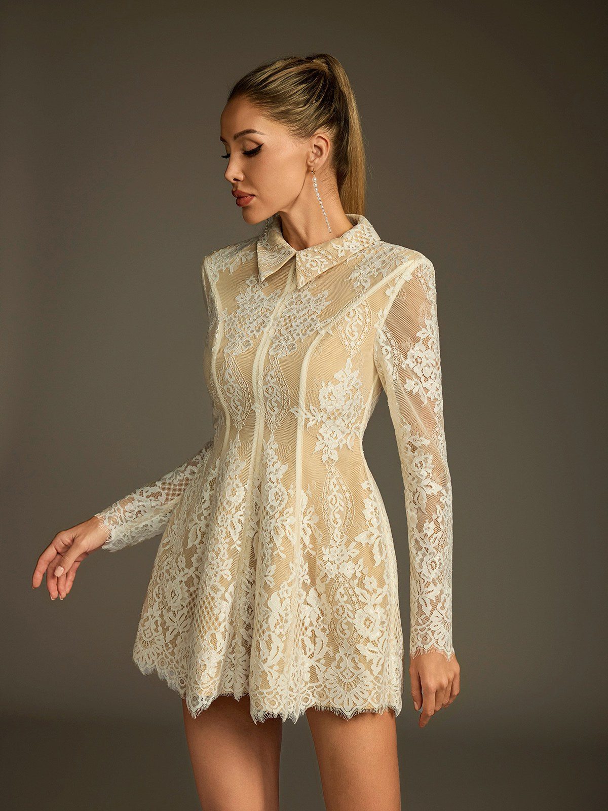 Dyriel Folded Collar Sequin Lace Mini Dress