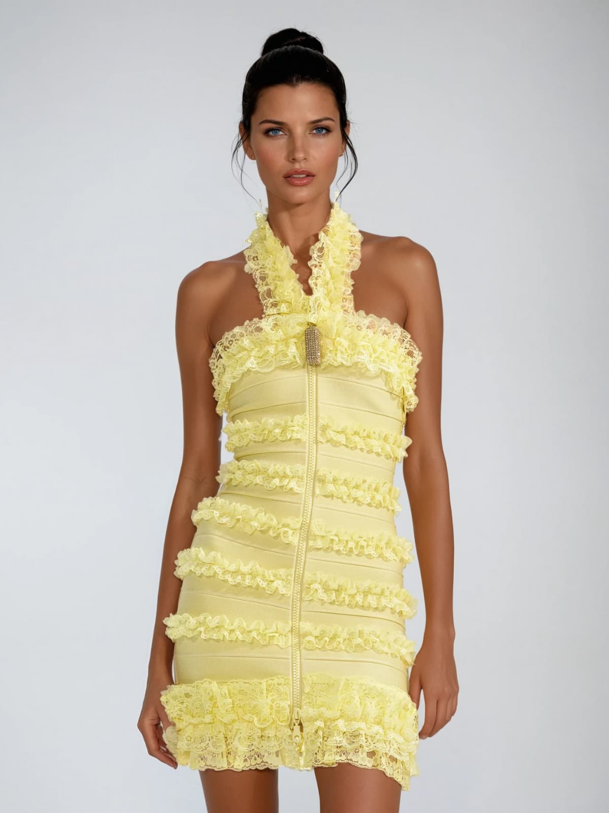 Dyrion Halterneck Ruched Lace Bandage Mini Dress