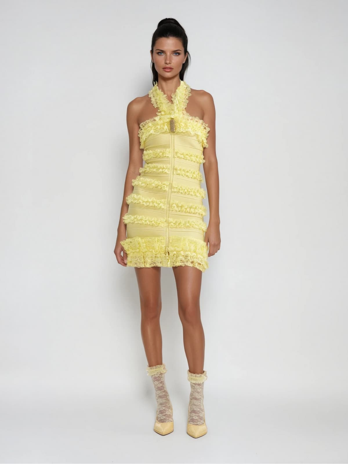 Dyrion Halterneck Ruched Lace Bandage Mini Dress