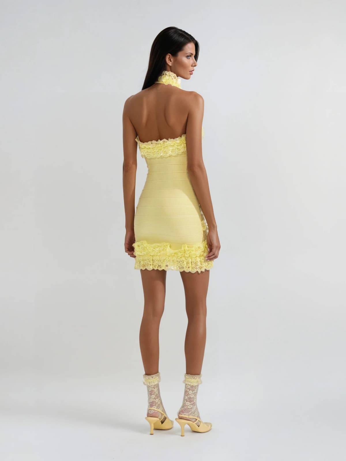 Dyrion Halterneck Ruched Lace Bandage Mini Dress