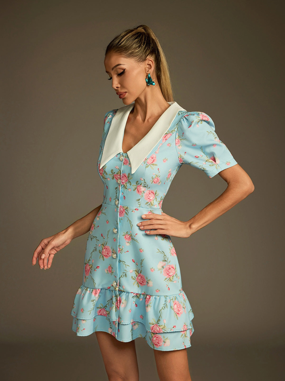 Dyvalen V Neck Lace Up Floral Dress In Sky