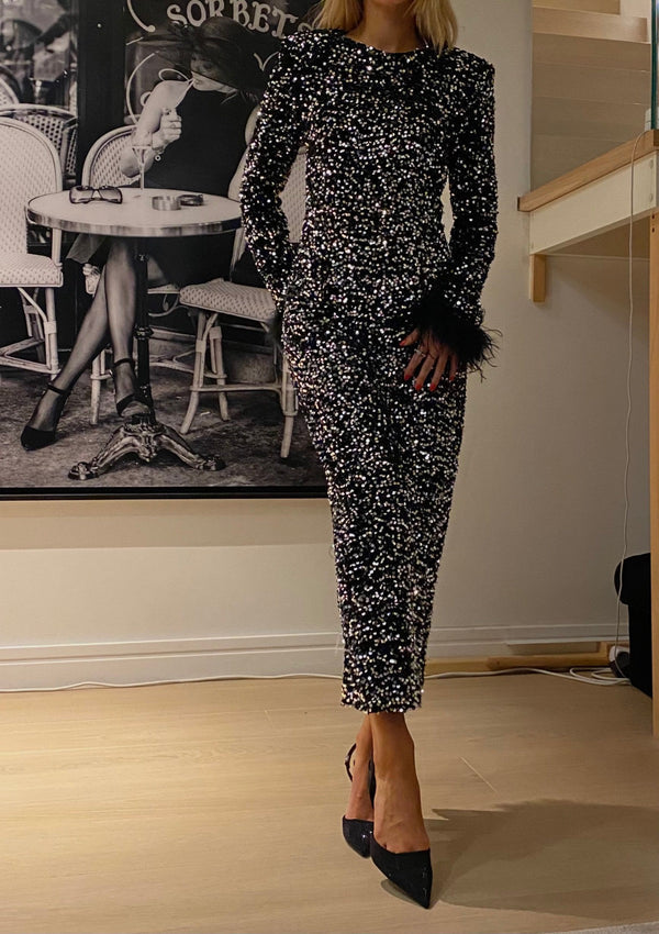 Alyia Sequin Feather Midi Dress