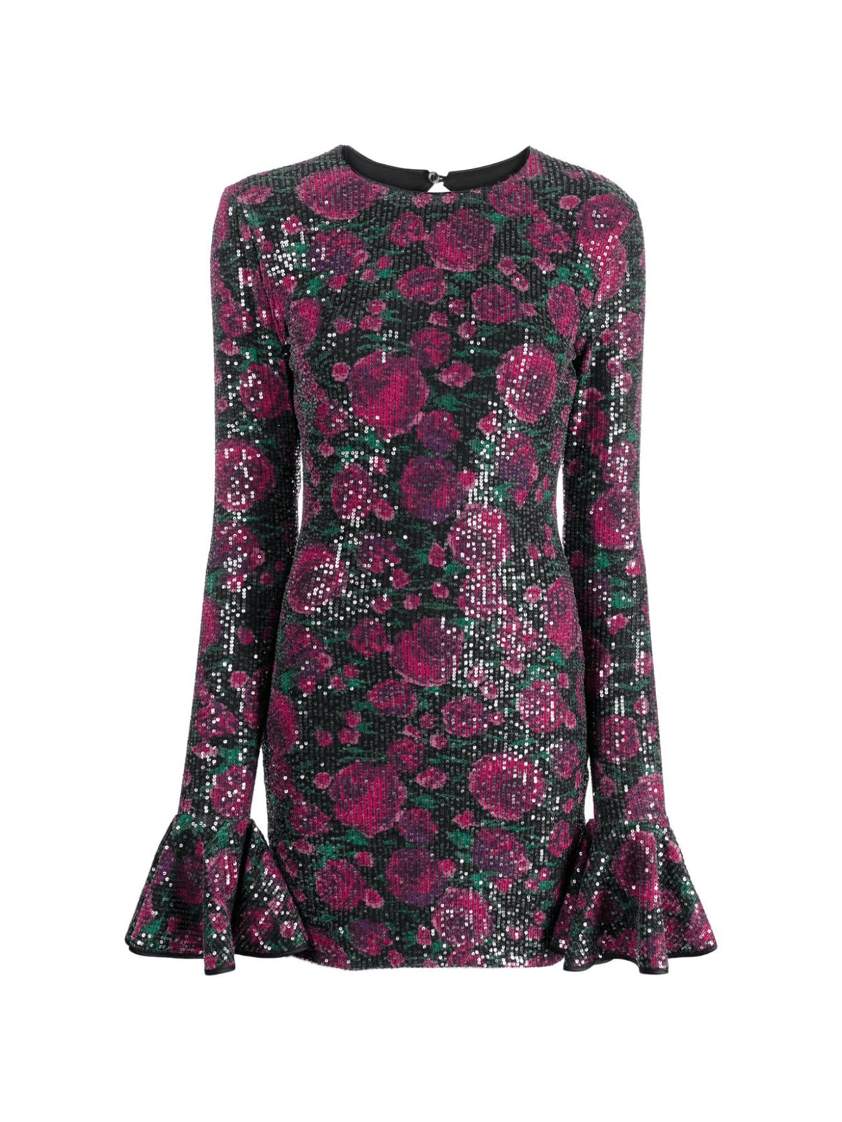 Elegant floral sequin dress with long sleeves, perfect for cocktail events and special occasions.