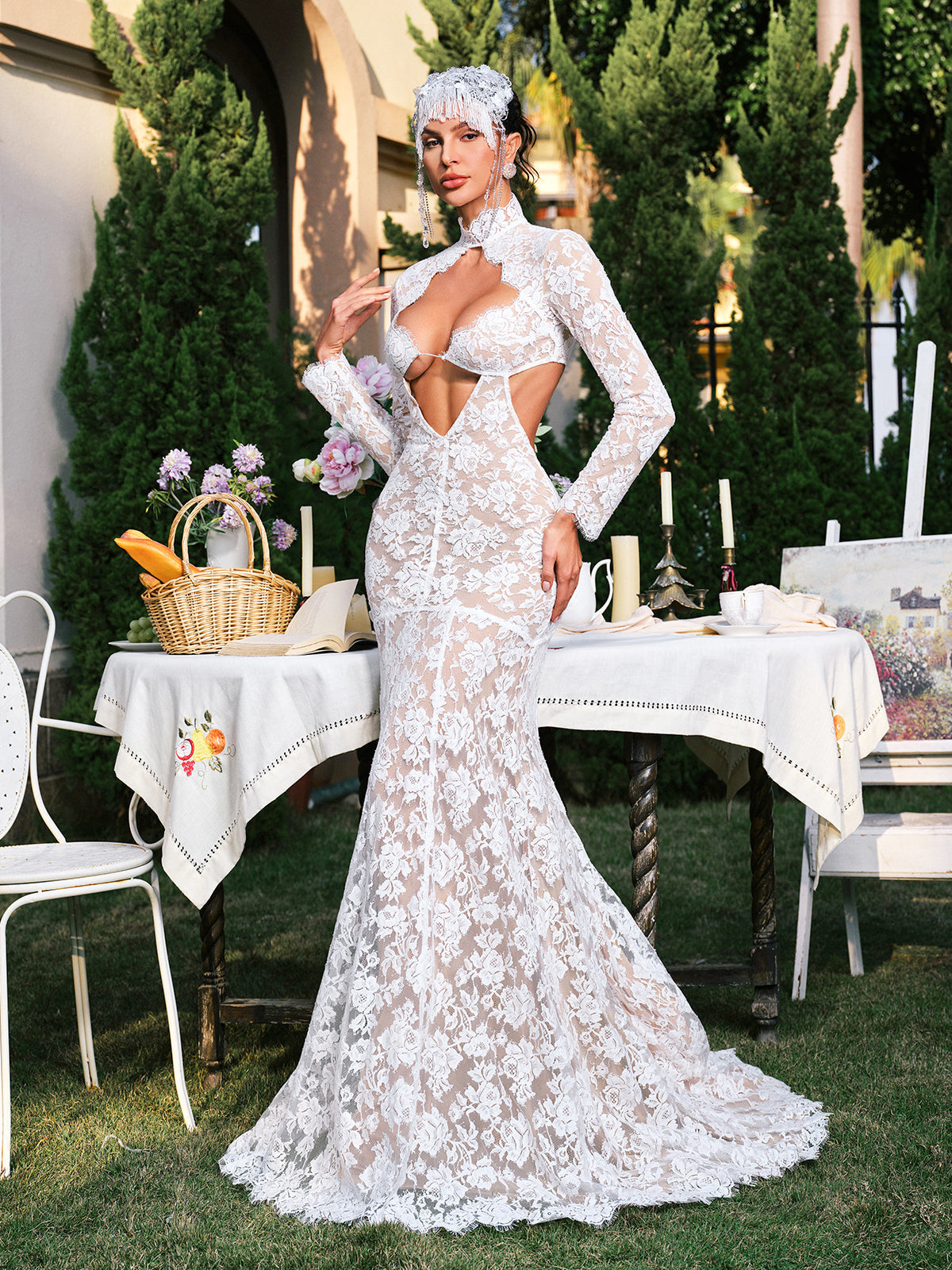Edalene Long Sleeve Flower Cutout Lace Maxi Dress