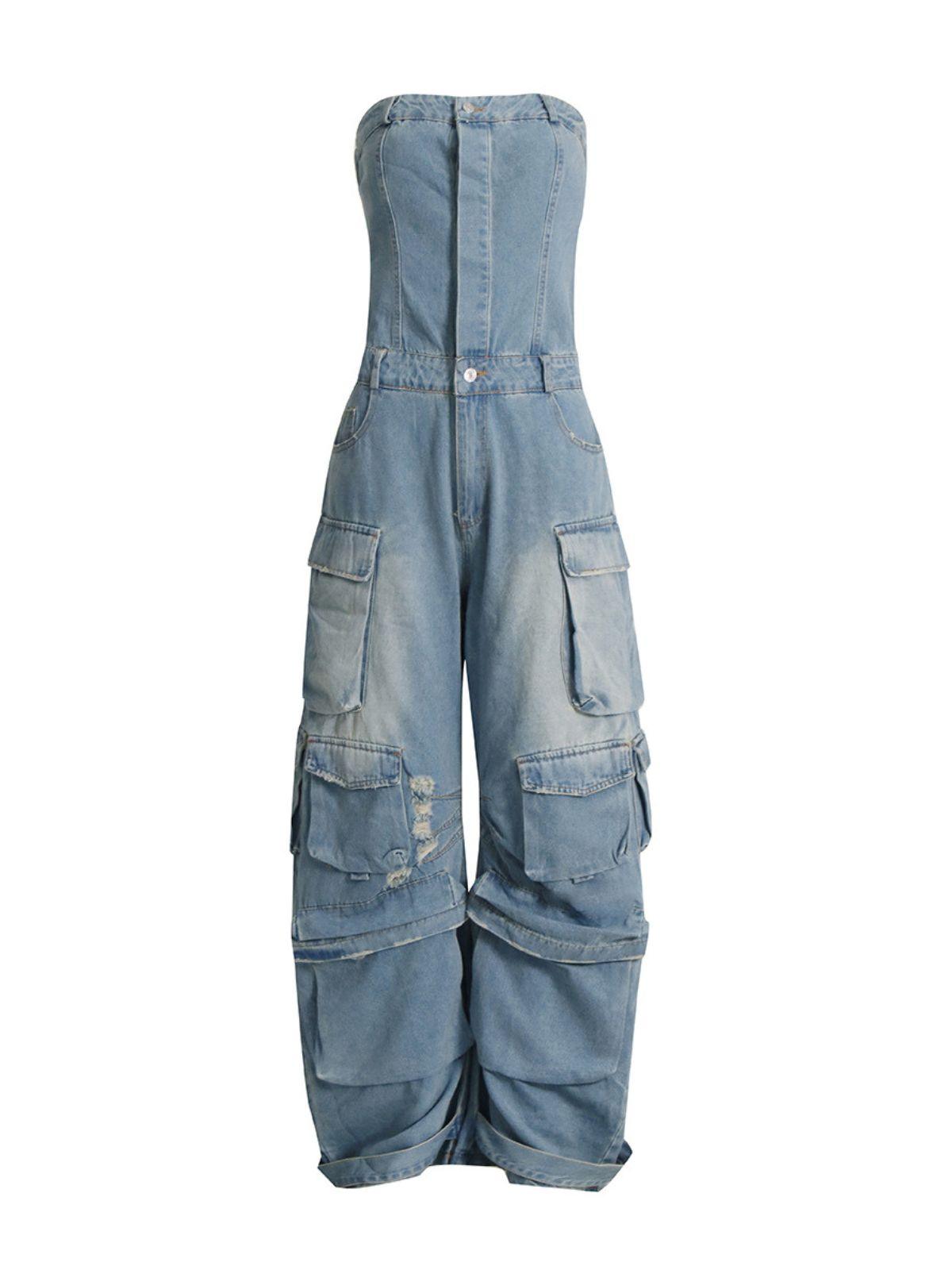 Eden Strapless Pocket Denim Jumpsuit in Blue, showcasing a chic bandeau silhouette and pocket details.