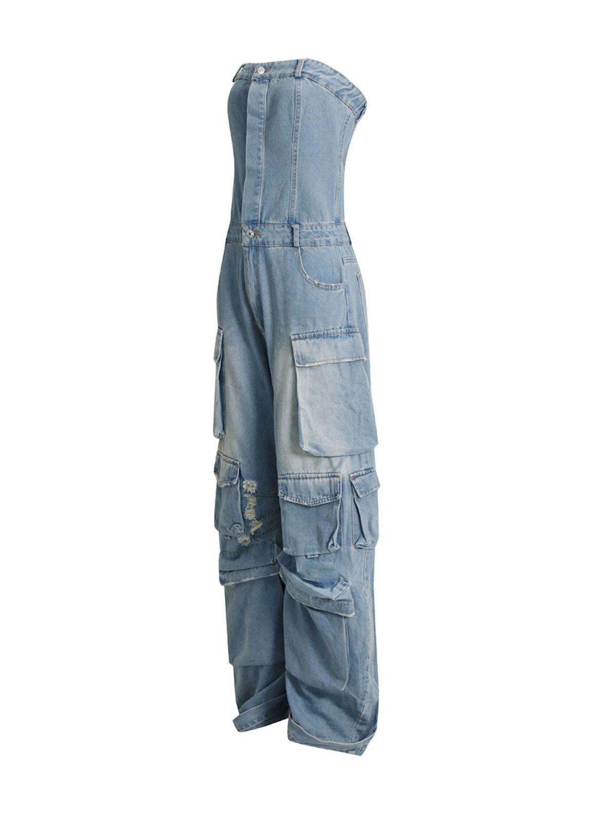 Eden Strapless Pocket Denim Jumpsuit in Blue, showcasing a chic bandeau silhouette and pocket details.