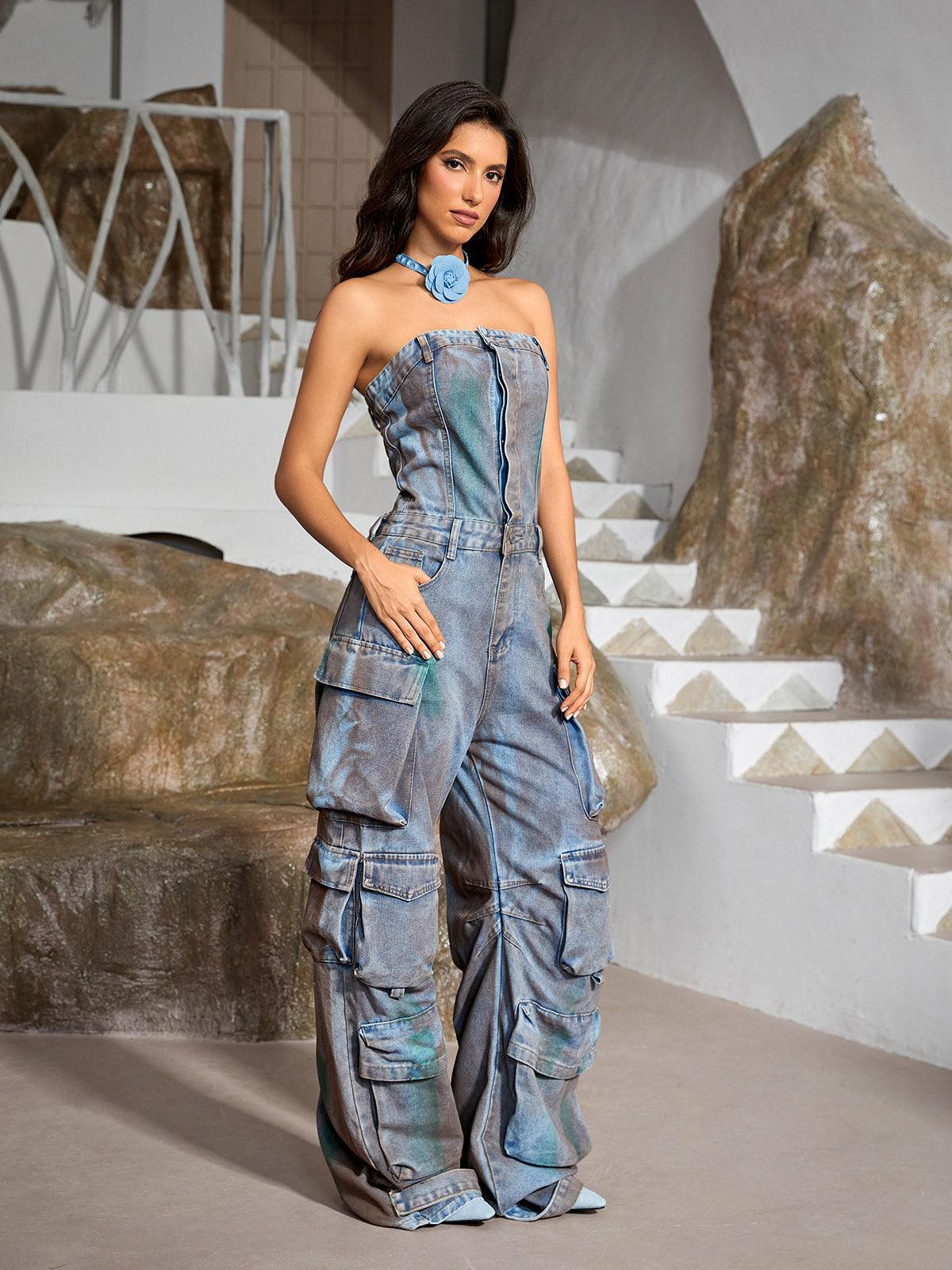 Eden Strapless Pocket Denim Jumpsuit in vibrant green, showcasing a stylish and modern design for casual wear.