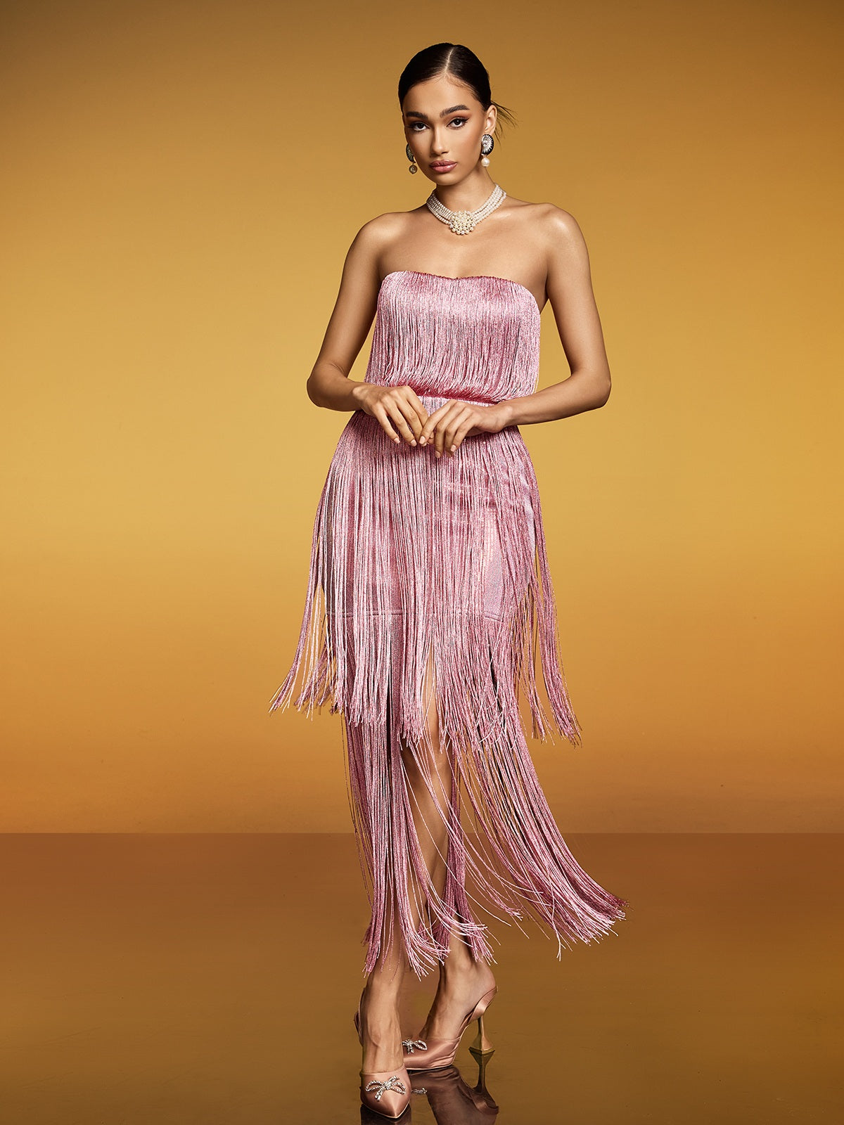 Eidolon Strapless Fringe Sequin Maxi Dress