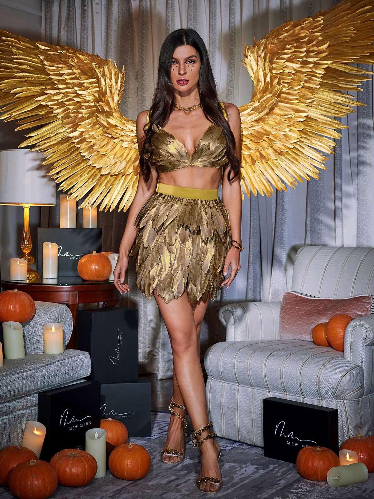 Eir Feather Trimmed Skirt Set showcasing elegant design with feather trim in gold, perfect for a chic style.
