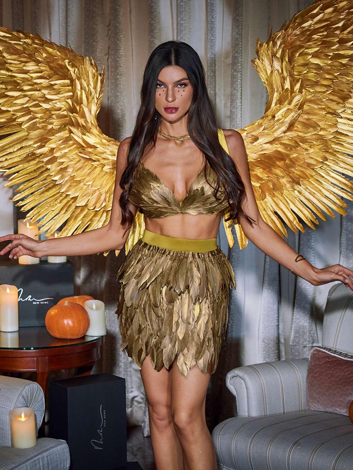 Eir Feather Trimmed Skirt Set showcasing elegant design with feather trim in gold, perfect for a chic style.
