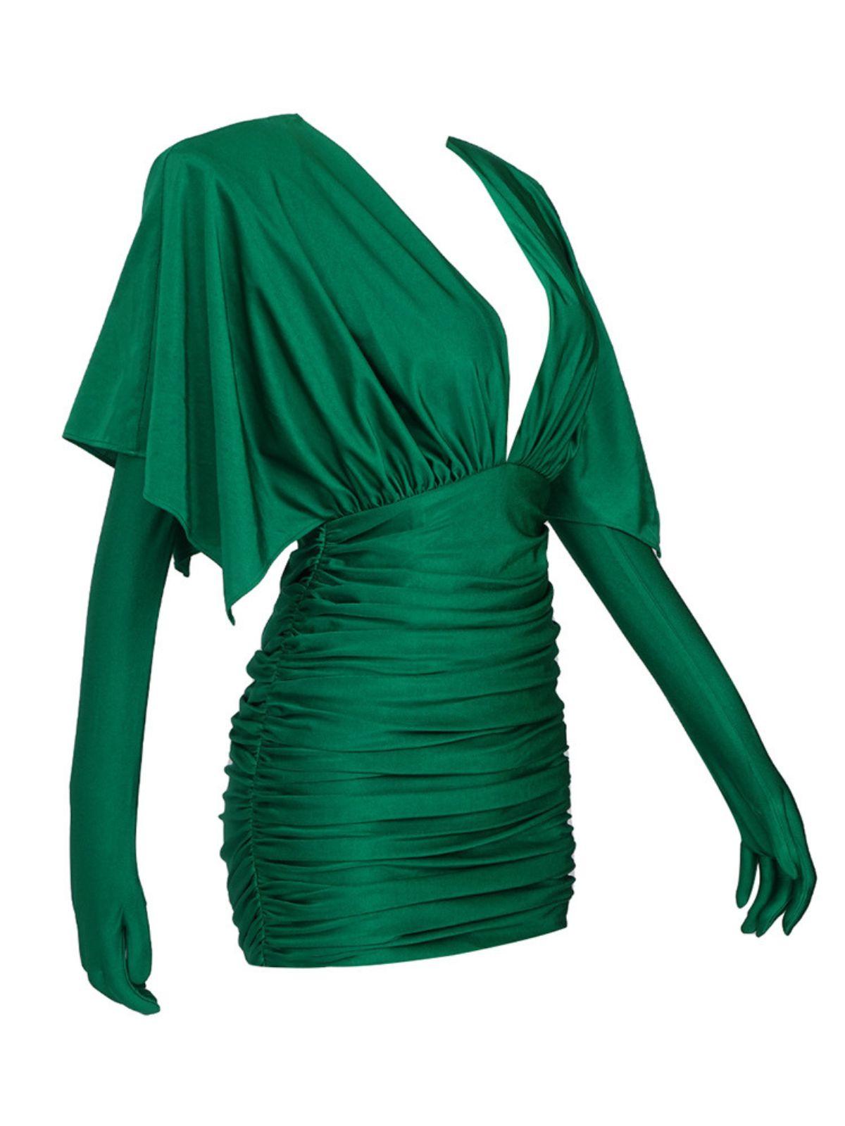 Eirak Two Way Ruched Mini Dress in Green with matching gloves, showcasing a flattering V neck design.