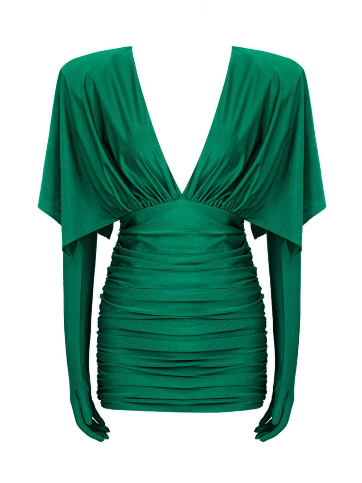 Eirak Two Way Ruched Mini Dress in Green with matching gloves, showcasing a flattering V neck design.