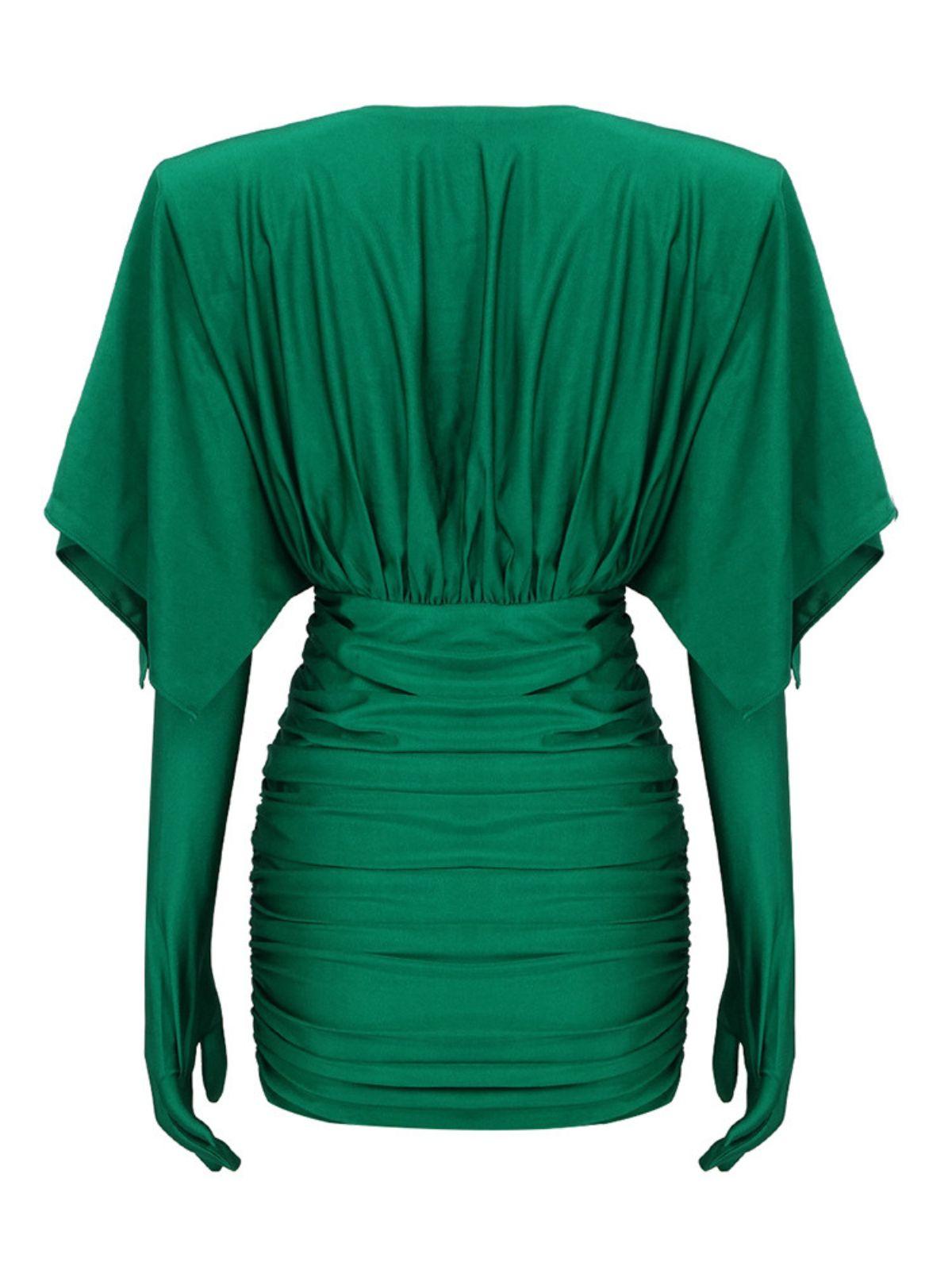 Eirak Two Way Ruched Mini Dress in Green with matching gloves, showcasing a flattering V neck design.