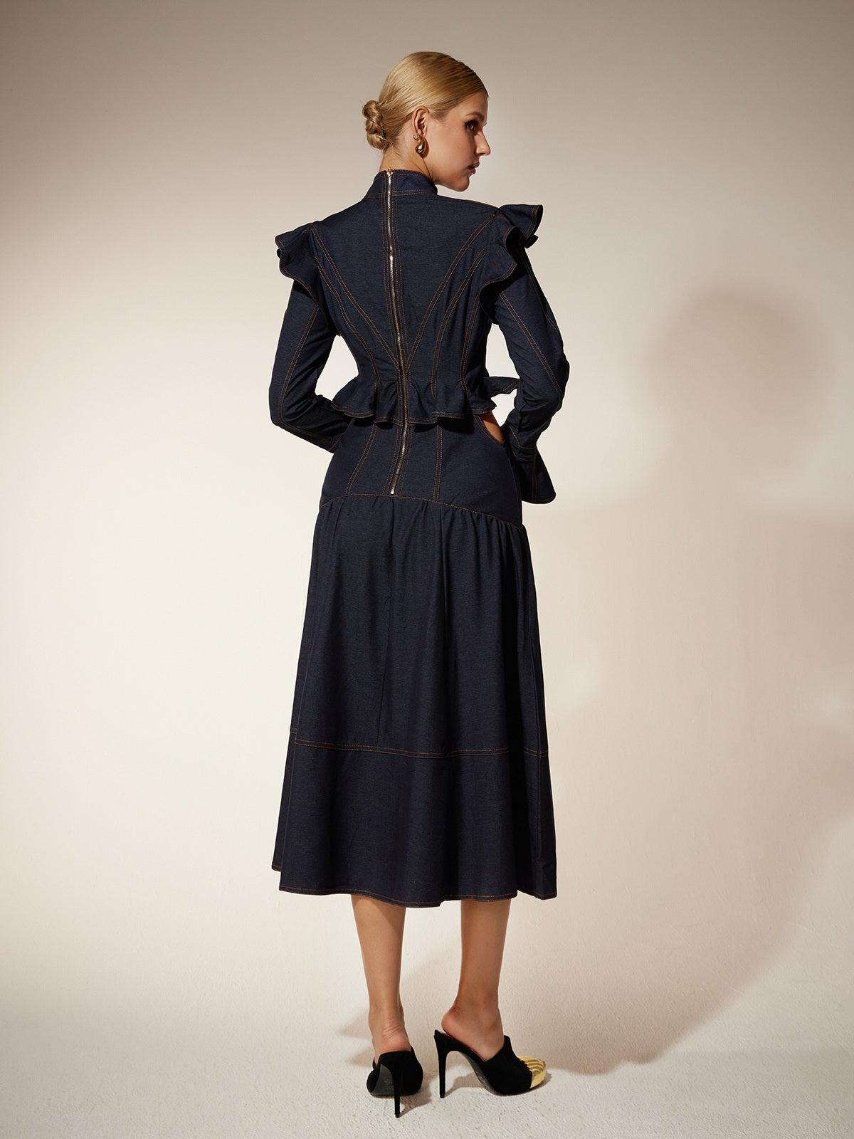 Ekkeko Flare Sleeve Cutout Denim Dress