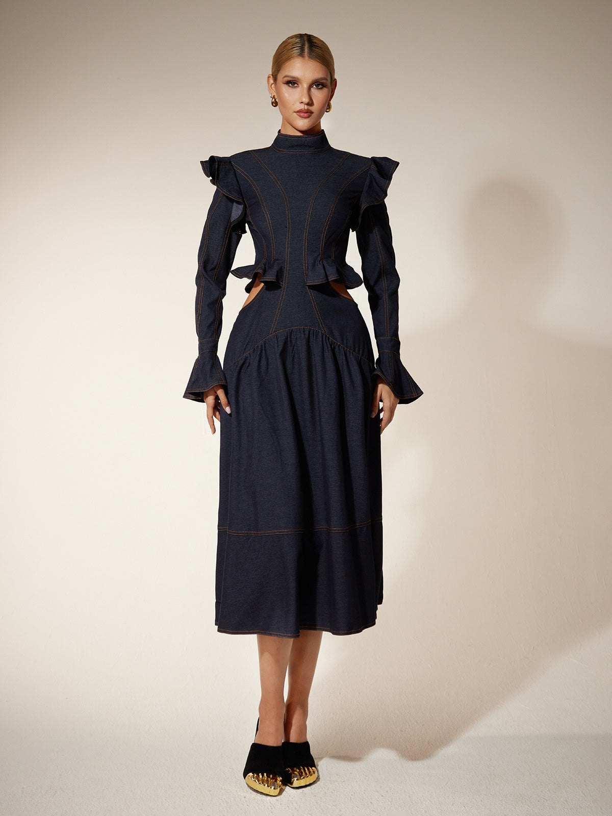 Ekkeko Flare Sleeve Cutout Denim Dress