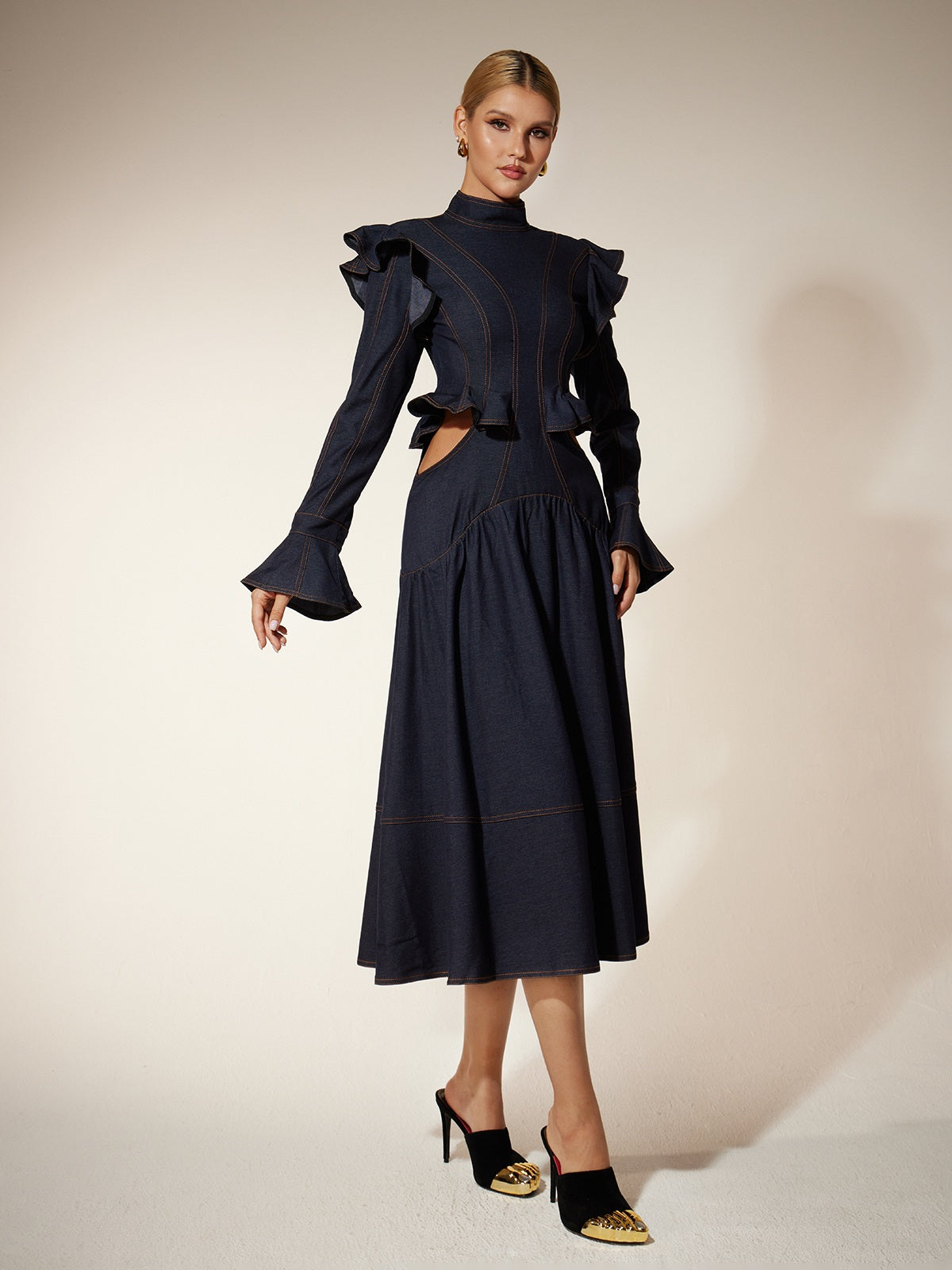 Ekkeko Flare Sleeve Cutout Denim Dress