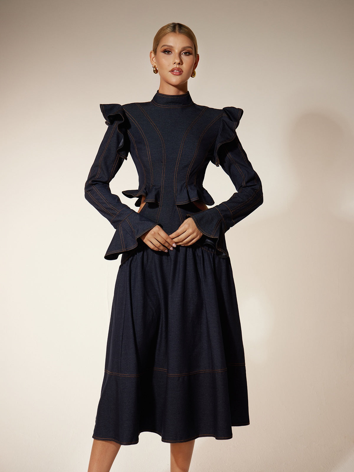 Ekkeko Flare Sleeve Cutout Denim Dress