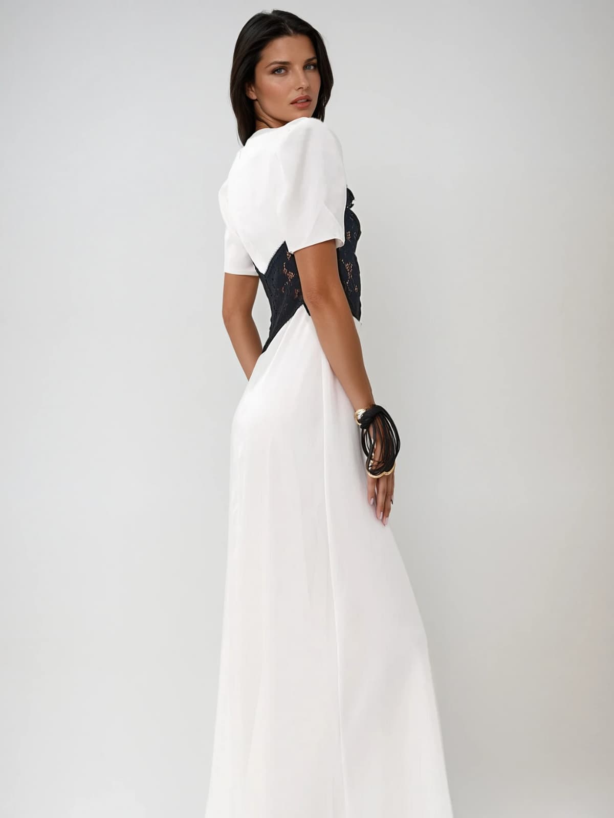 Eldritha V Neck Lace Satin Maxi Dress