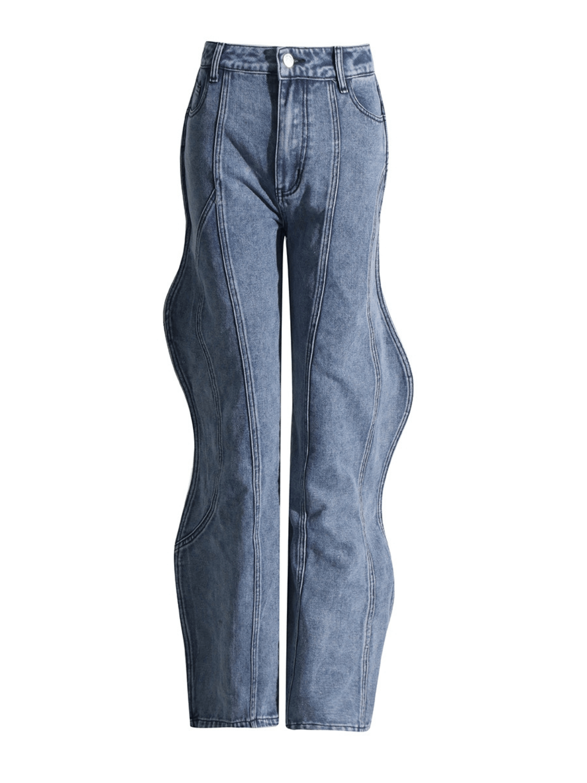 Eleanore Wave Denim Pants in classic blue with a stylish wave design and flattering fit for women.