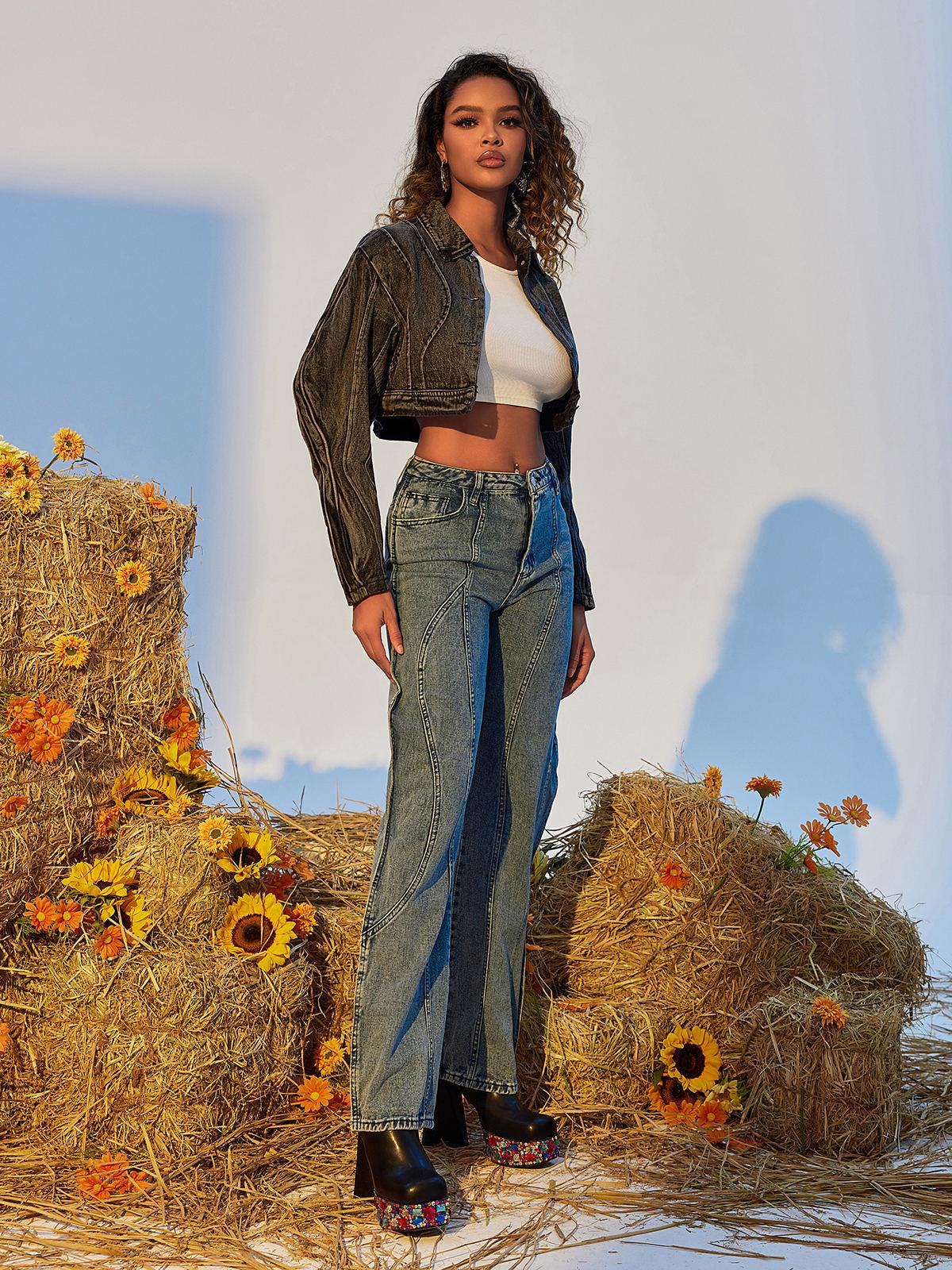 Close-up view of the Eleanore Wave Denim Pants showcasing the unique wave design and high-quality fabric.