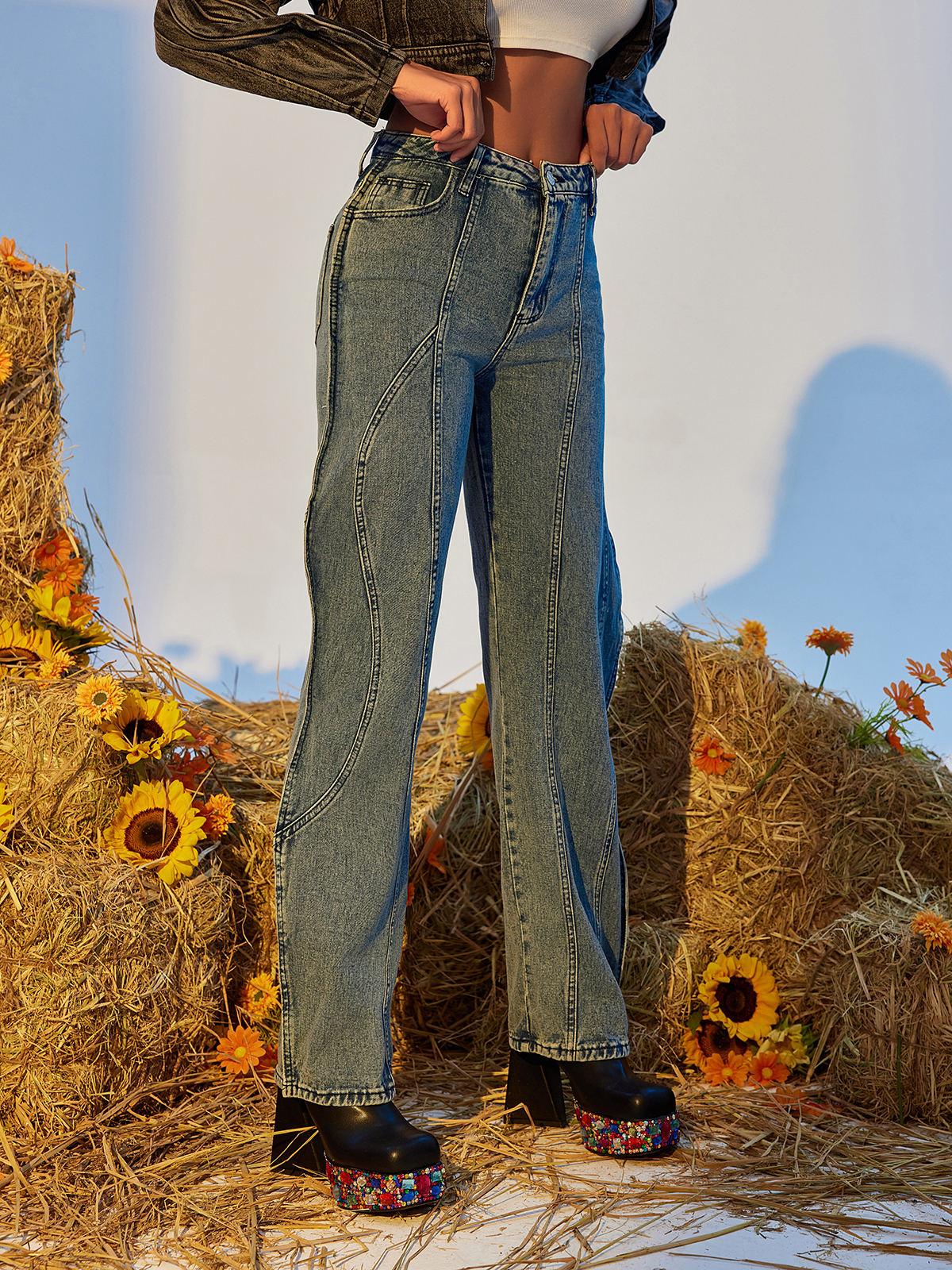 Eleanore Wave Denim Pants in classic blue with a stylish wave design and flattering fit for women.