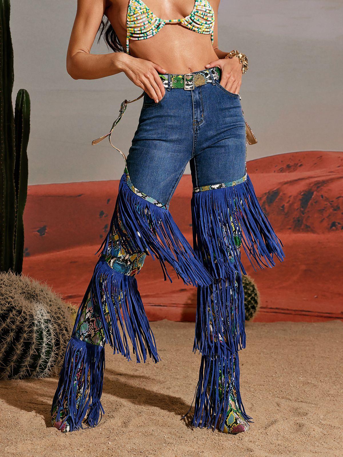 Eleni Denim Fringe Printed Boots in Blue showcasing stylish fringe detail and a pointed toe design.