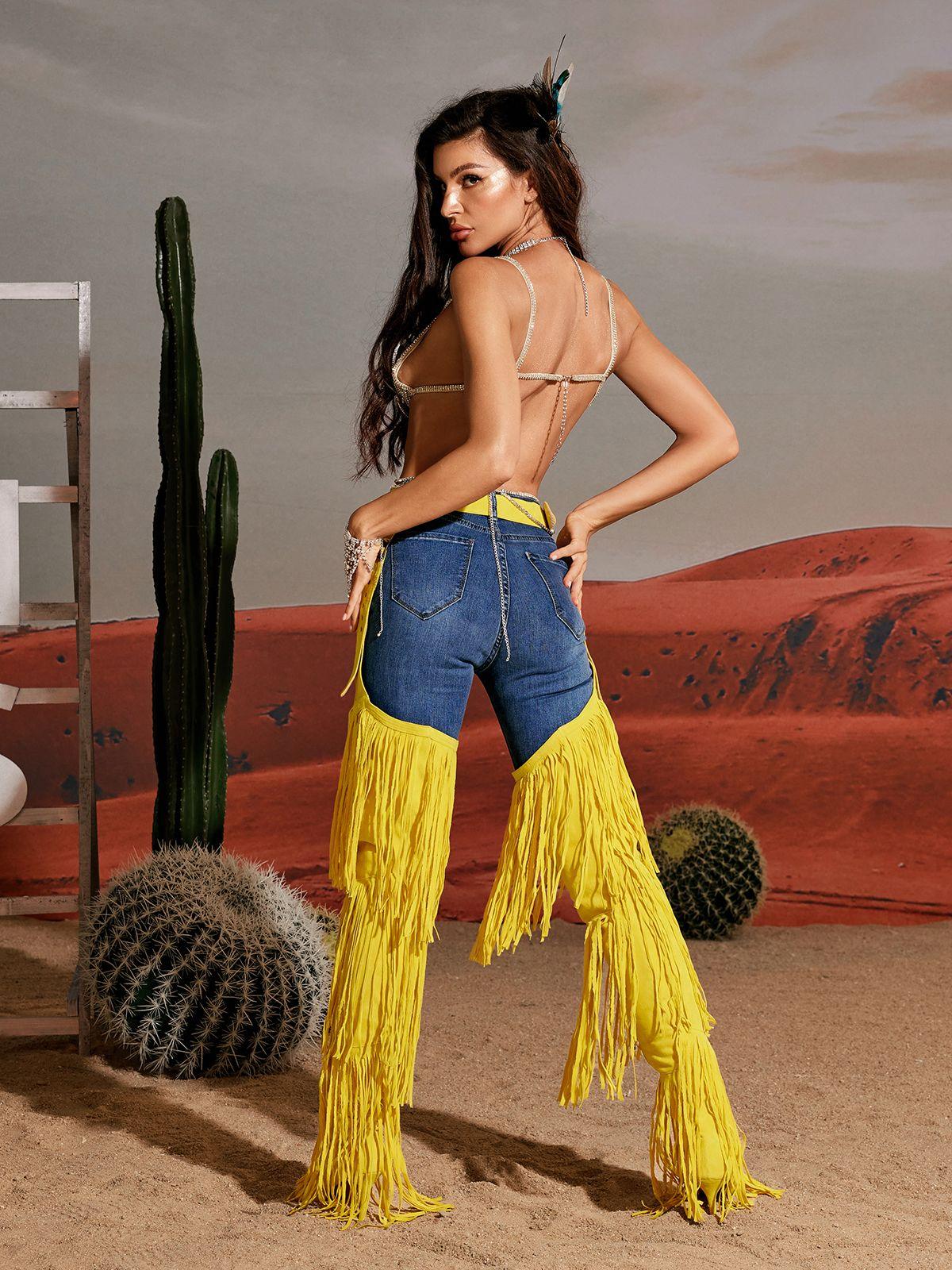 Eleni Denim Fringe Printed Boots in bright yellow, ideal for festivals and stylish looks.