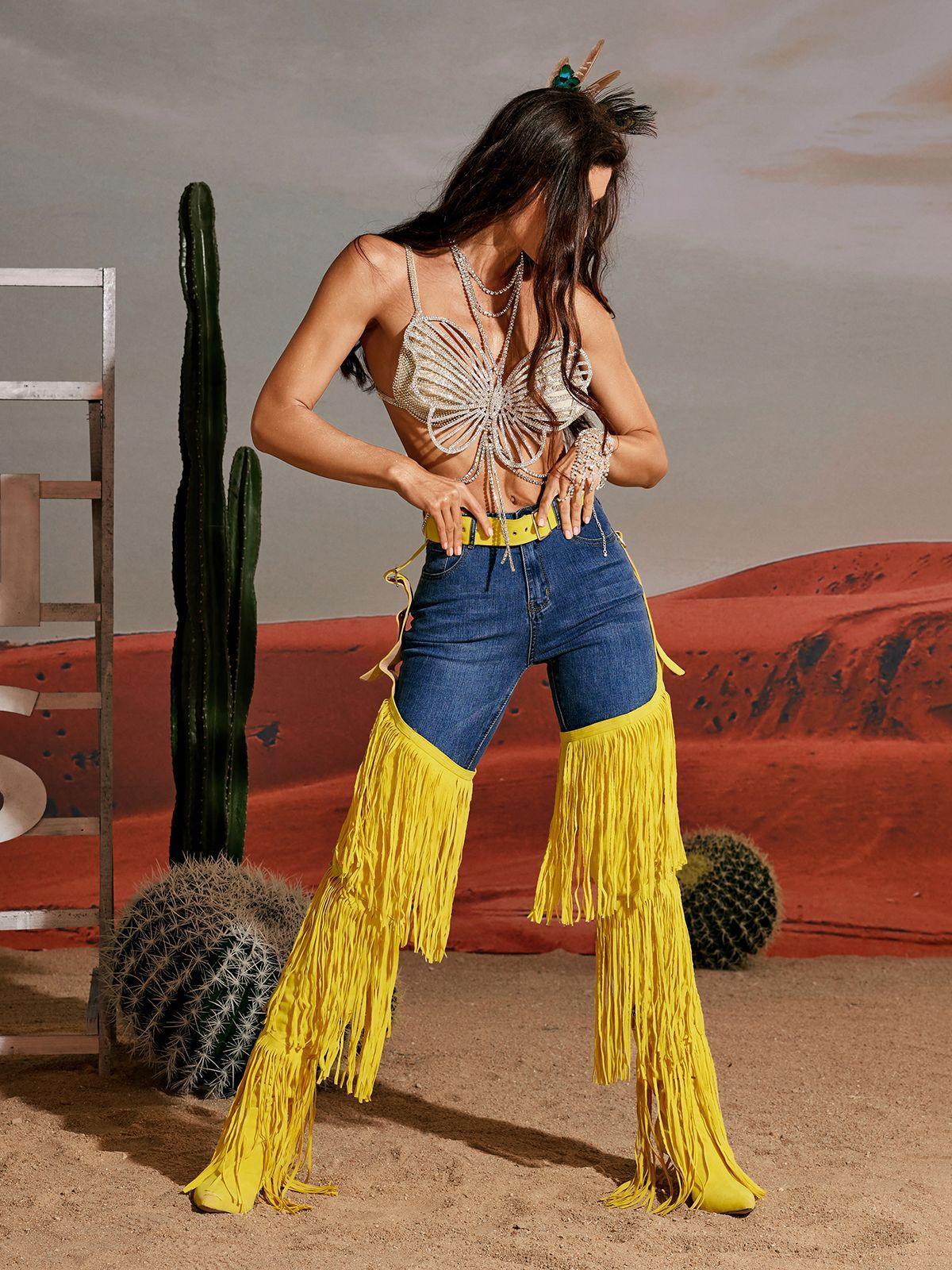 Eleni Denim Fringe Printed Boots in bright yellow, ideal for festivals and stylish looks.
