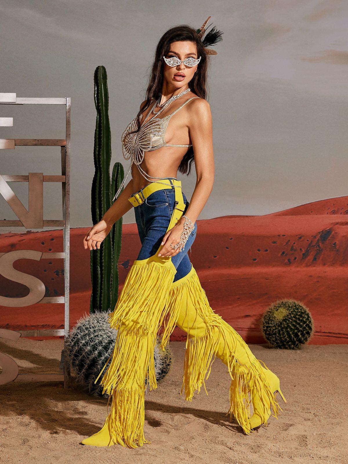 Eleni Denim Fringe Printed Boots in bright yellow, ideal for festivals and stylish looks.