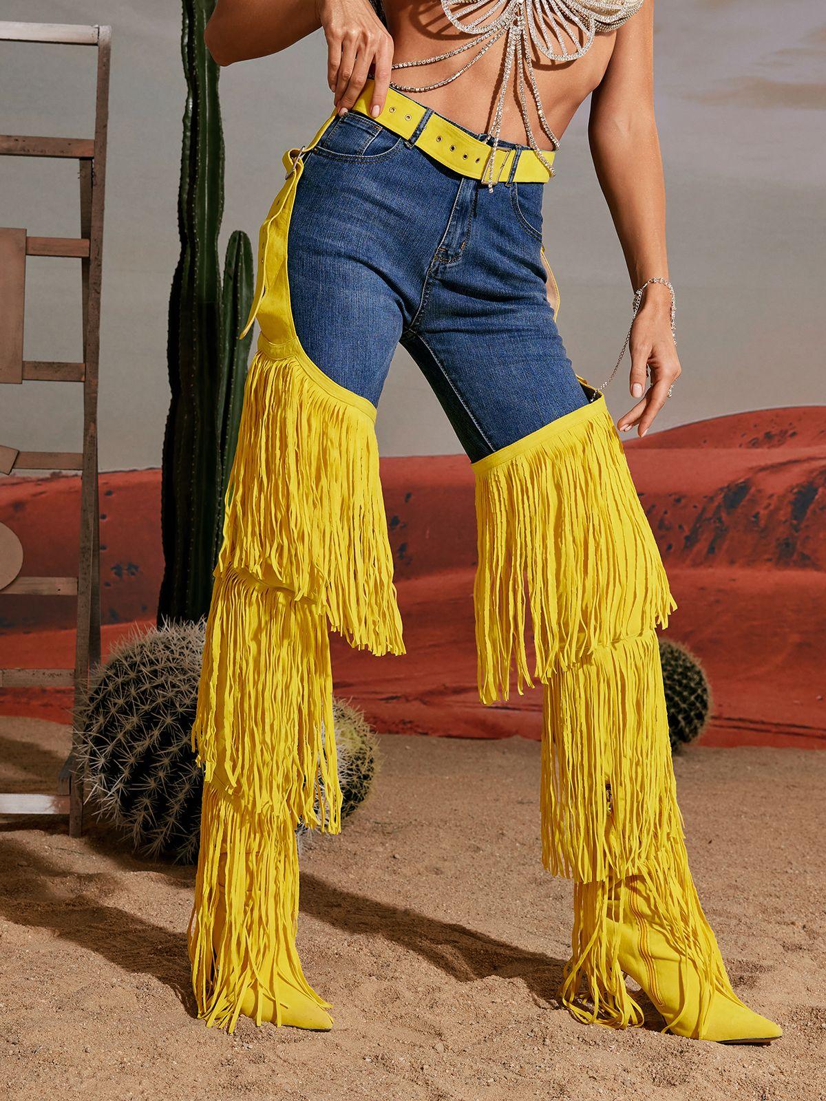 Eleni Denim Fringe Printed Boots in bright yellow, ideal for festivals and stylish looks.