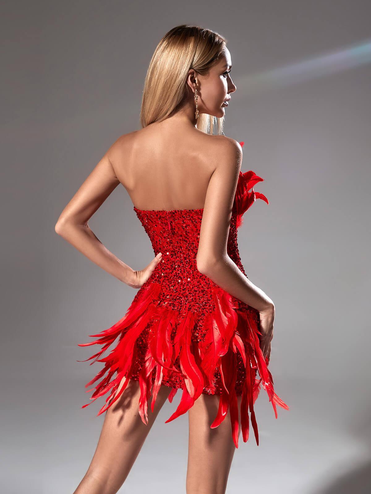 Eleri Strapless Sequin Feather Mini Dress showcasing elegant design and sophisticated details, ideal for cocktail parties.