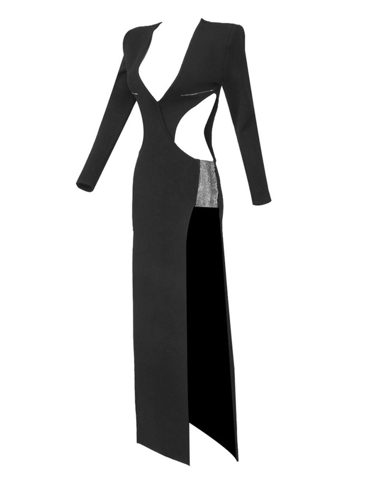 Elettra Cutout Crystal Split Bandage Dress in Black, showcasing elegant design and crystal embellishments.