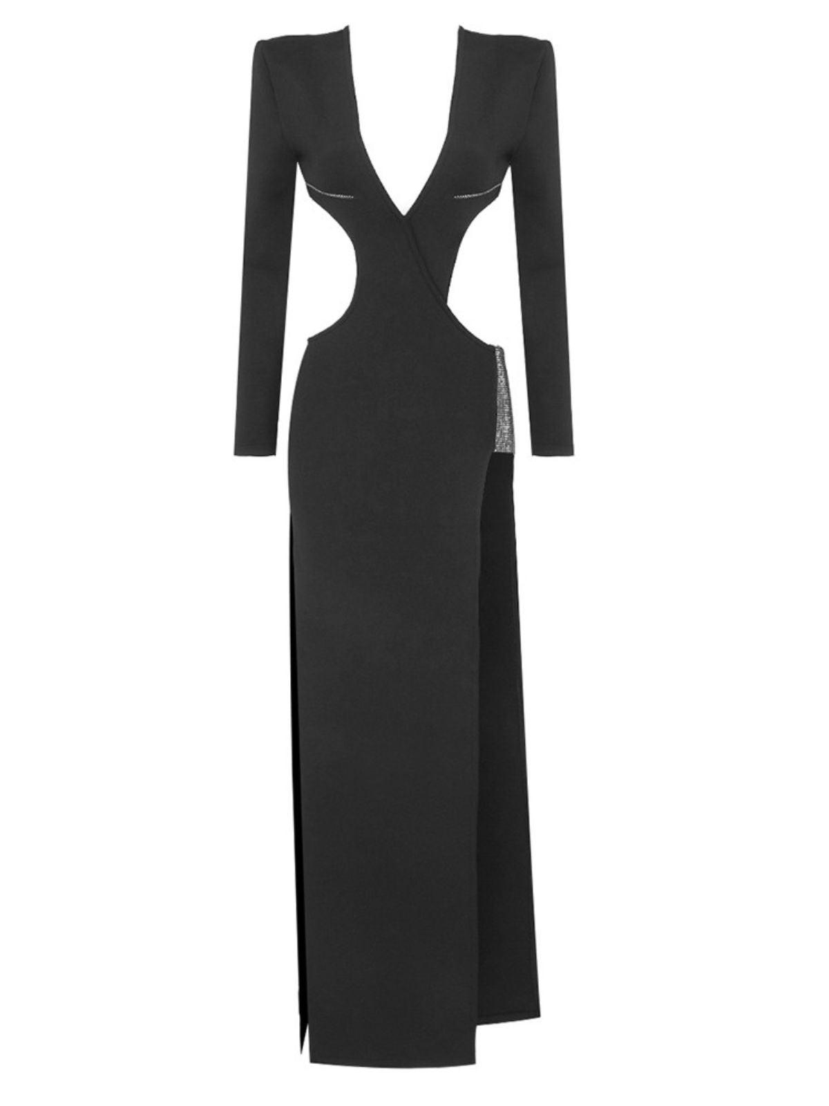 Elettra Cutout Crystal Split Bandage Dress in Black, showcasing elegant design and crystal embellishments.