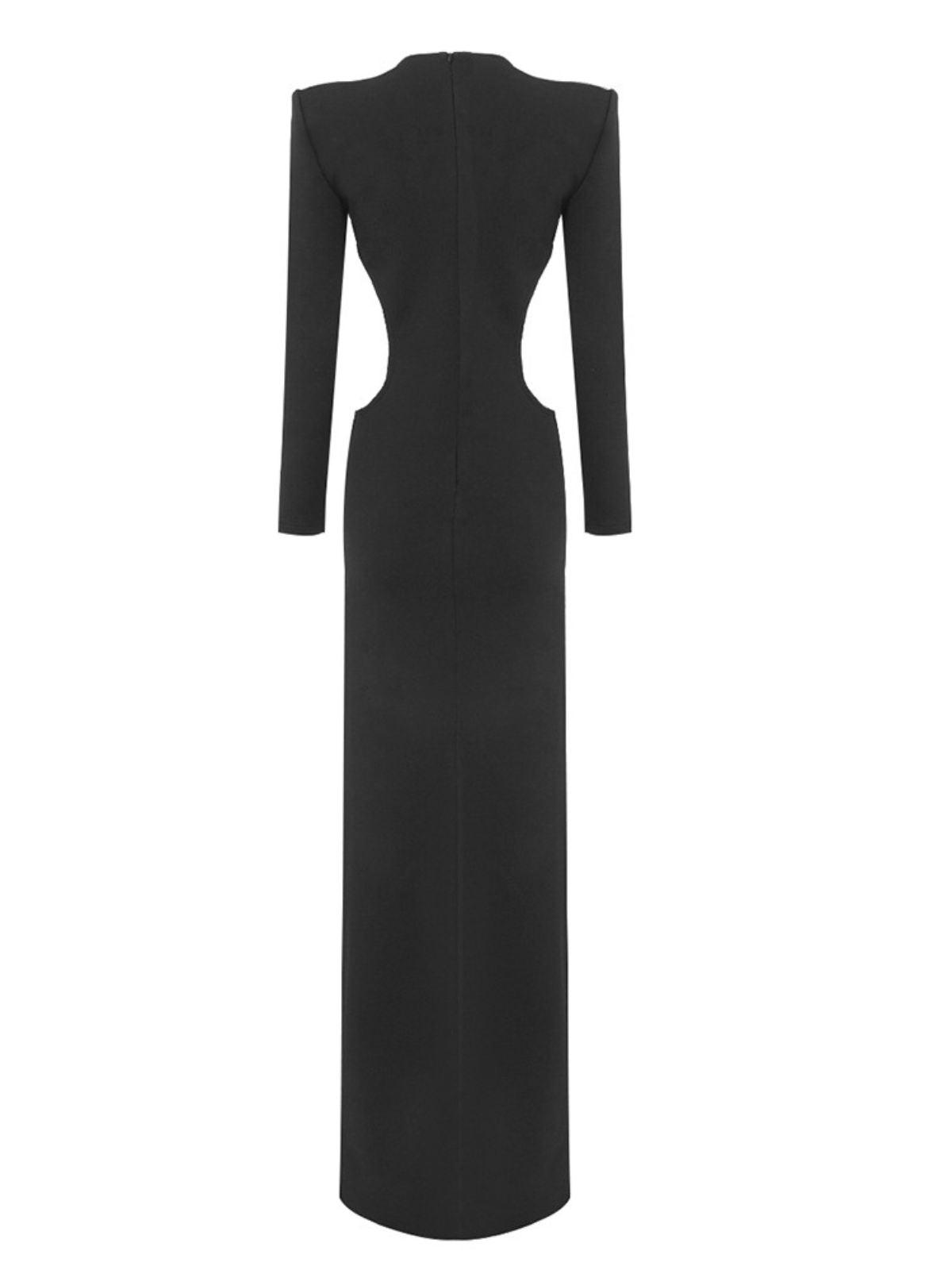 Elettra Cutout Crystal Split Bandage Dress in Black, showcasing elegant design and crystal embellishments.