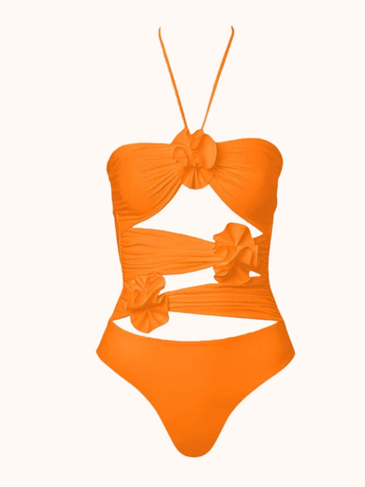 Eleven Halterneck Two Piece Swimwear Set in vibrant orange with 3D flower details, perfect for summer beach fashion.
