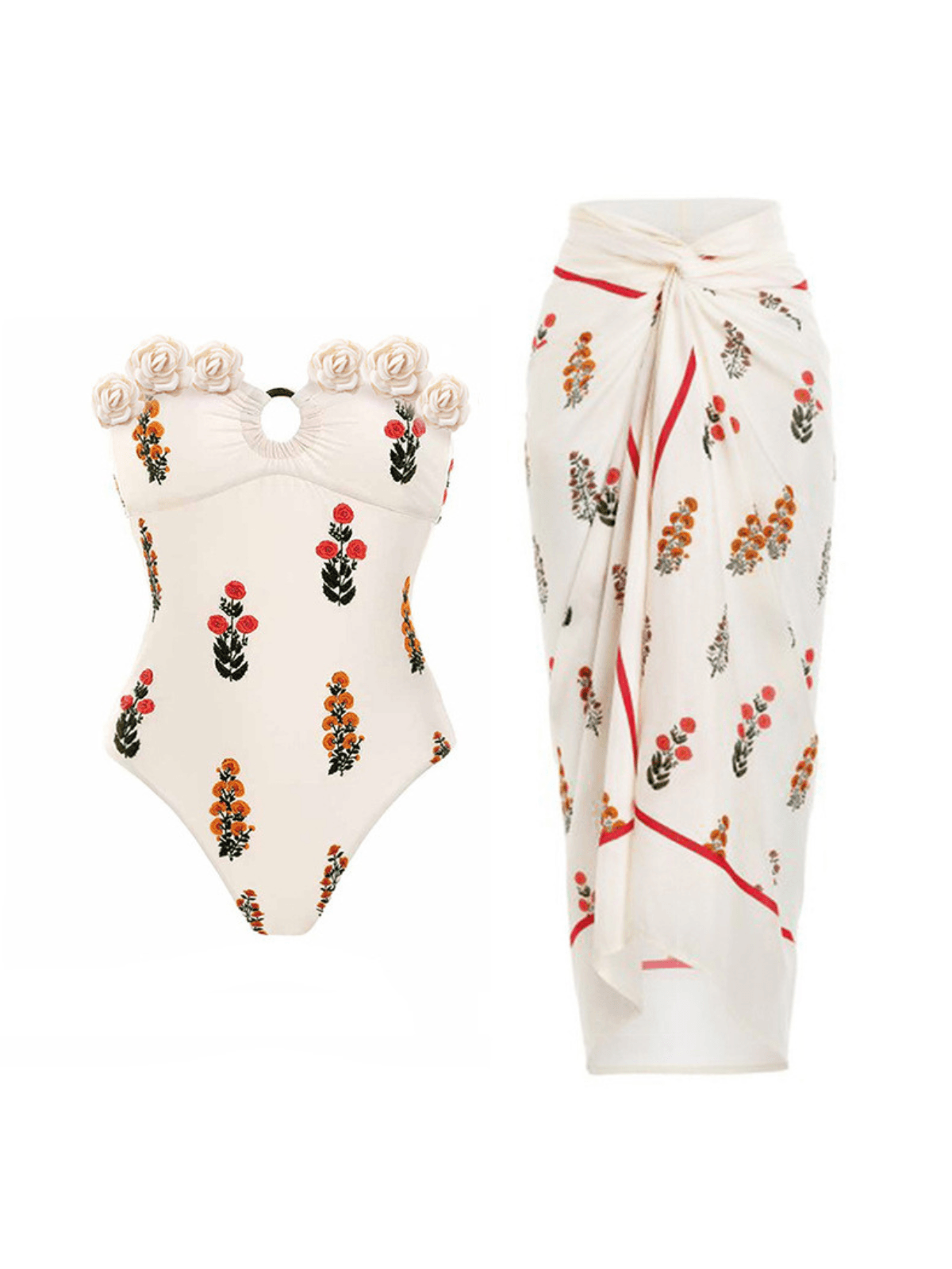 Elisha Flower Printed Swimwear Two Piece Set in white with floral design, perfect for stylish beach outings.