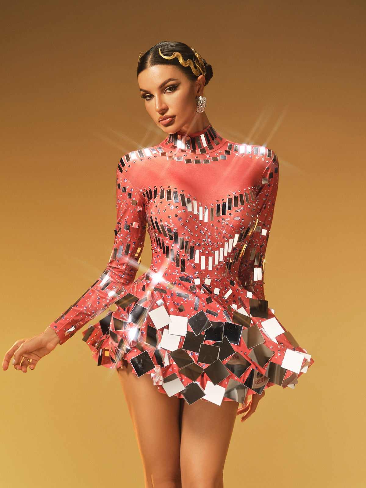 Ella Long Sleeve Embellished Mini Dress In Red