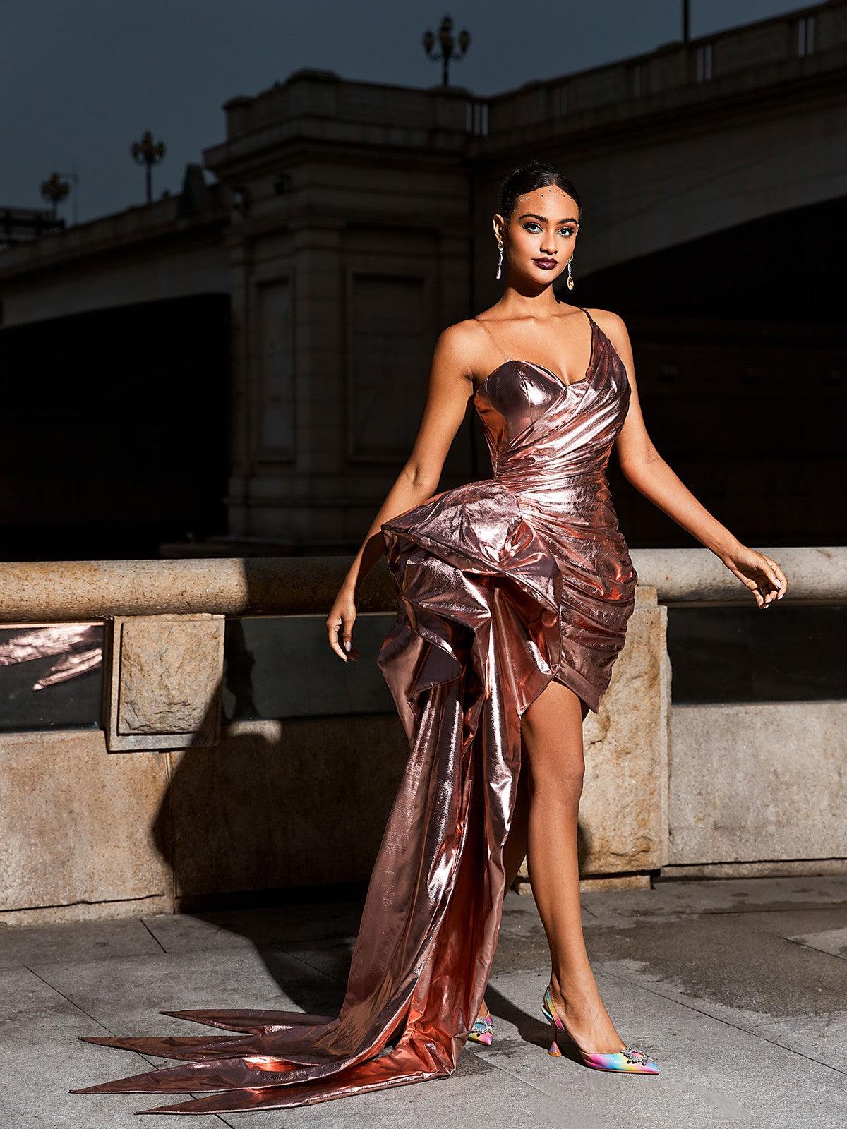 Elmer Bow Embellished Metallic Dress in pink featuring a stunning bow detail and elegant silhouette, perfect for parties and special occasions.