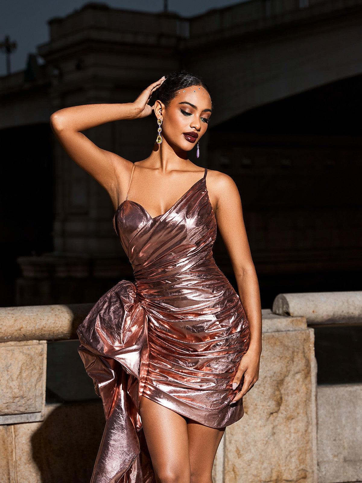 Elmer Bow Embellished Metallic Dress in pink featuring a stunning bow detail and elegant silhouette, perfect for parties and special occasions.
