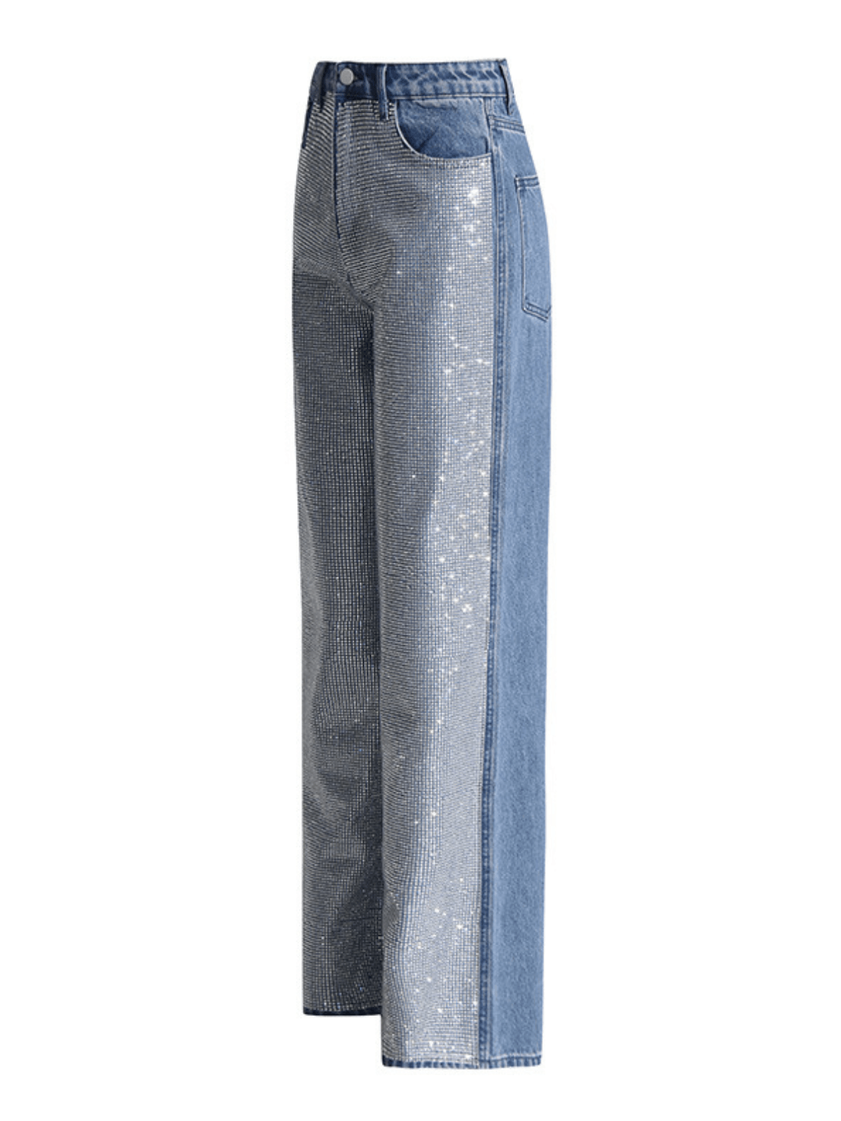 Elon Rhinestone Denim Pants in blue featuring stunning rhinestone details and a unique design for stylish comfort.