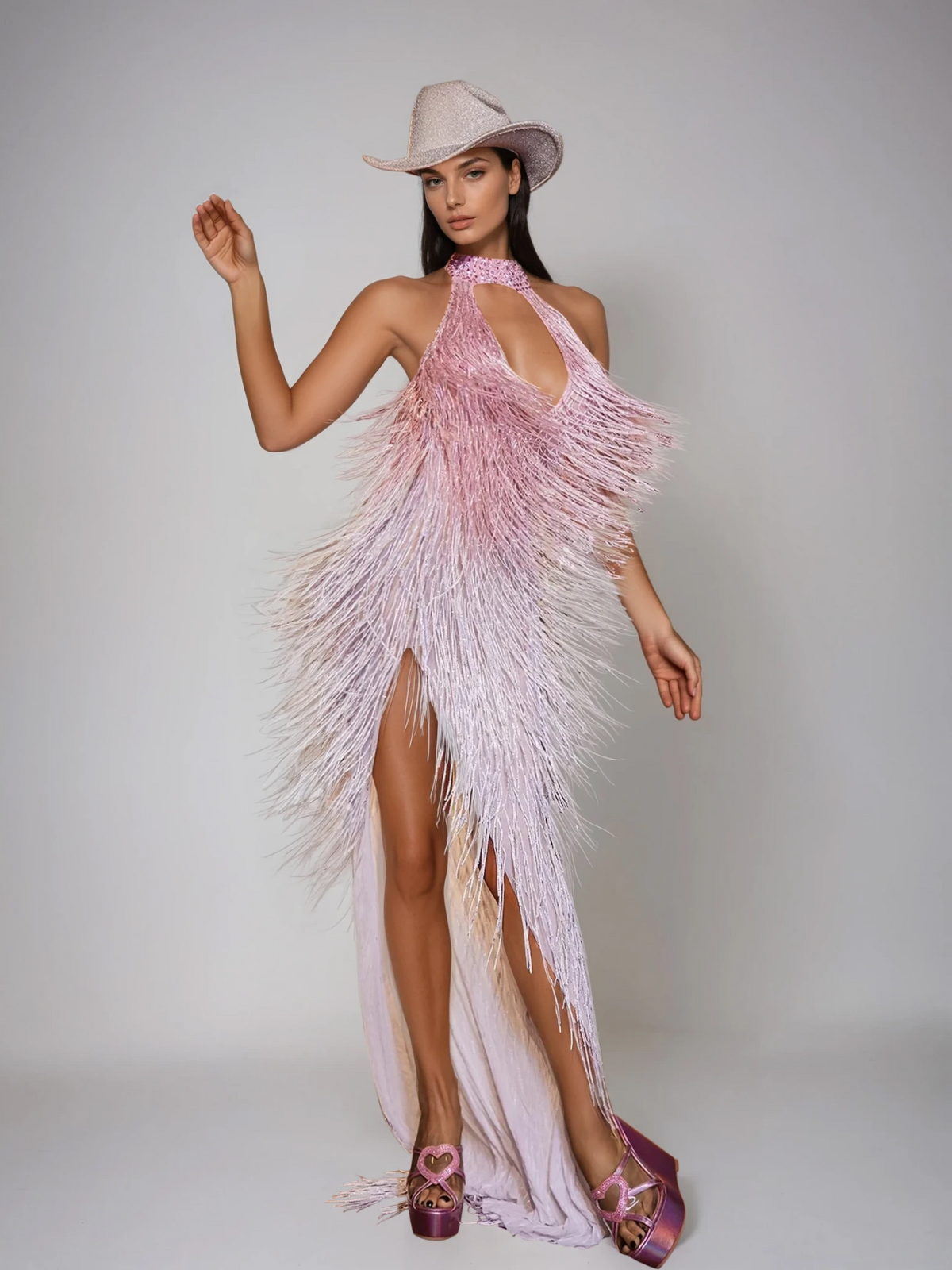 Elvrik Halterneck Fringe Cutout Split Maxi Dress In Blush