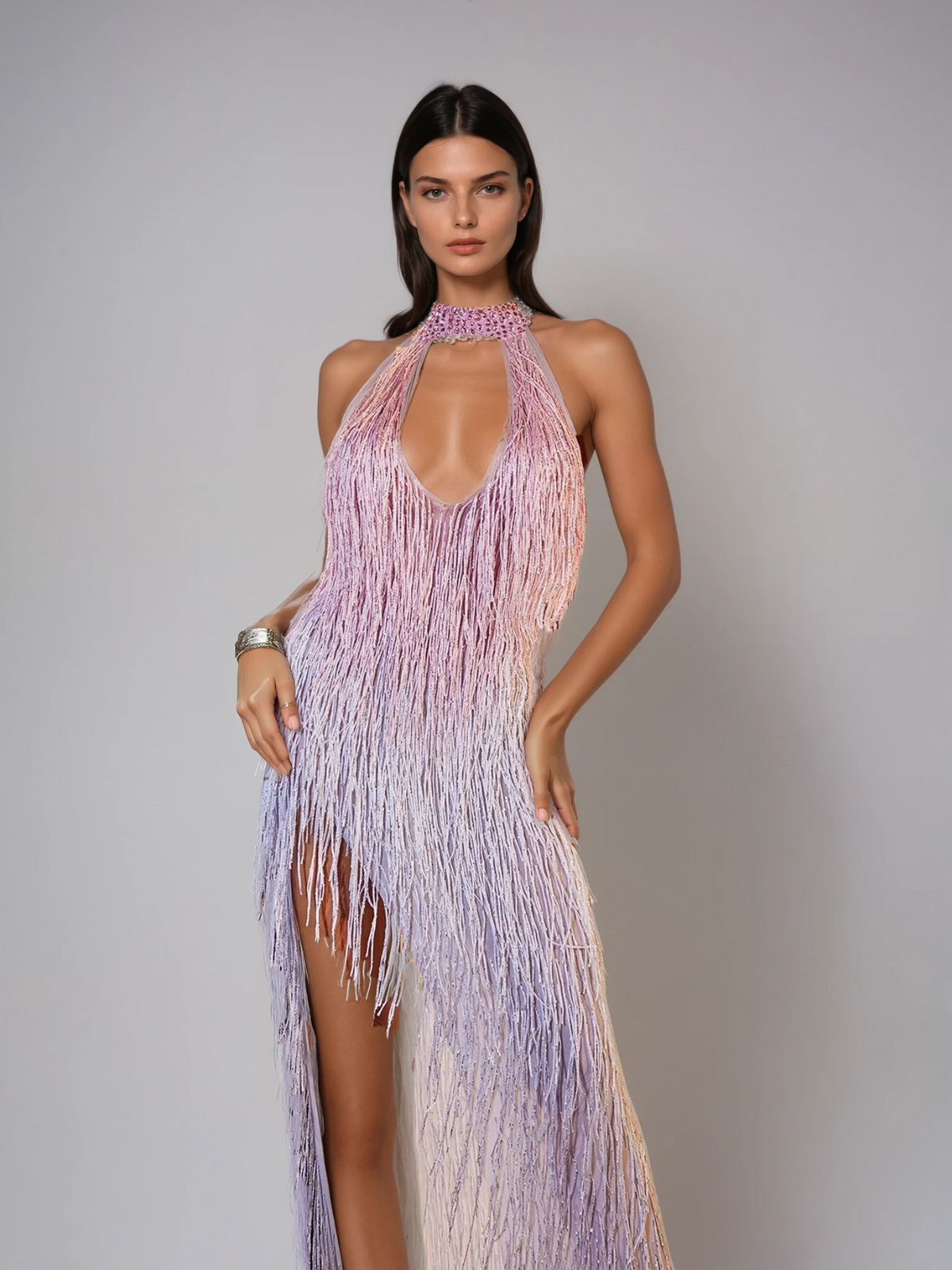 Elvrik Halterneck Fringe Cutout Split Maxi Dress In Blush