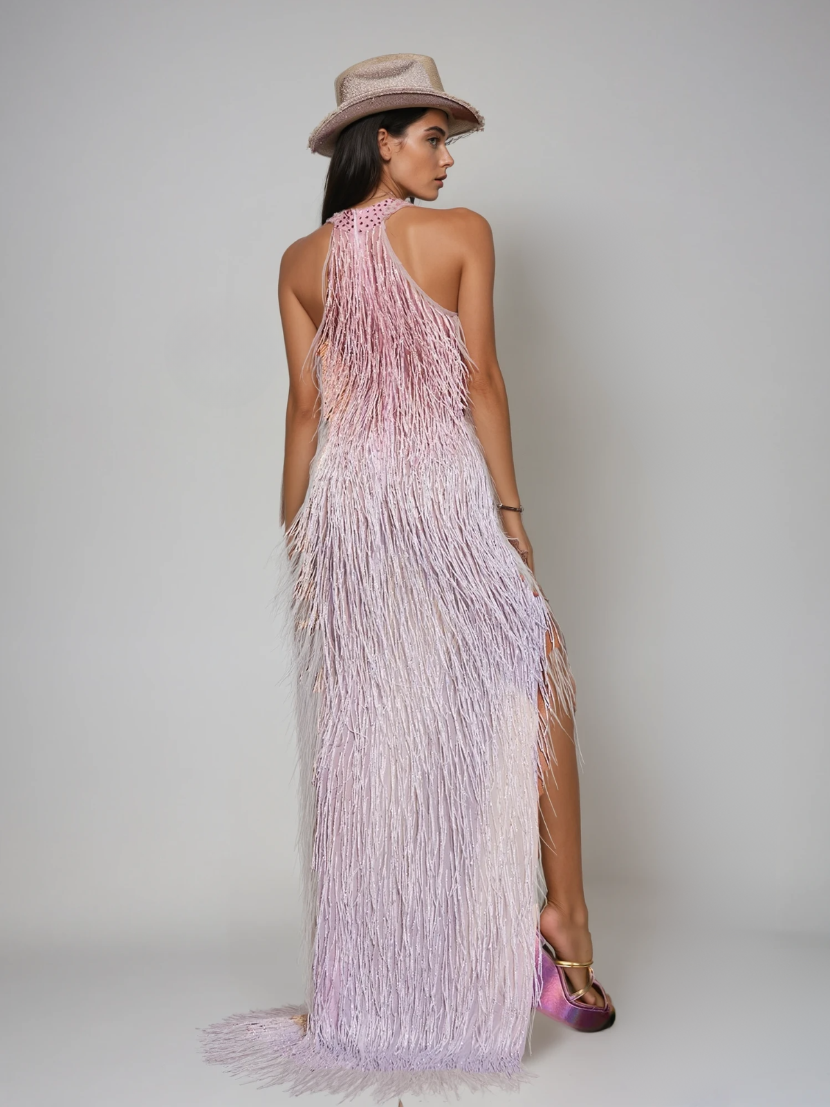 Elvrik Halterneck Fringe Cutout Split Maxi Dress In Blush