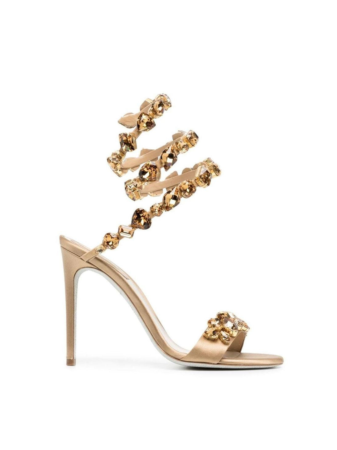 Elyra Snake Rhinestone Sandals in Gold featuring stylish adjustable straps and elegant rhinestone detailing.