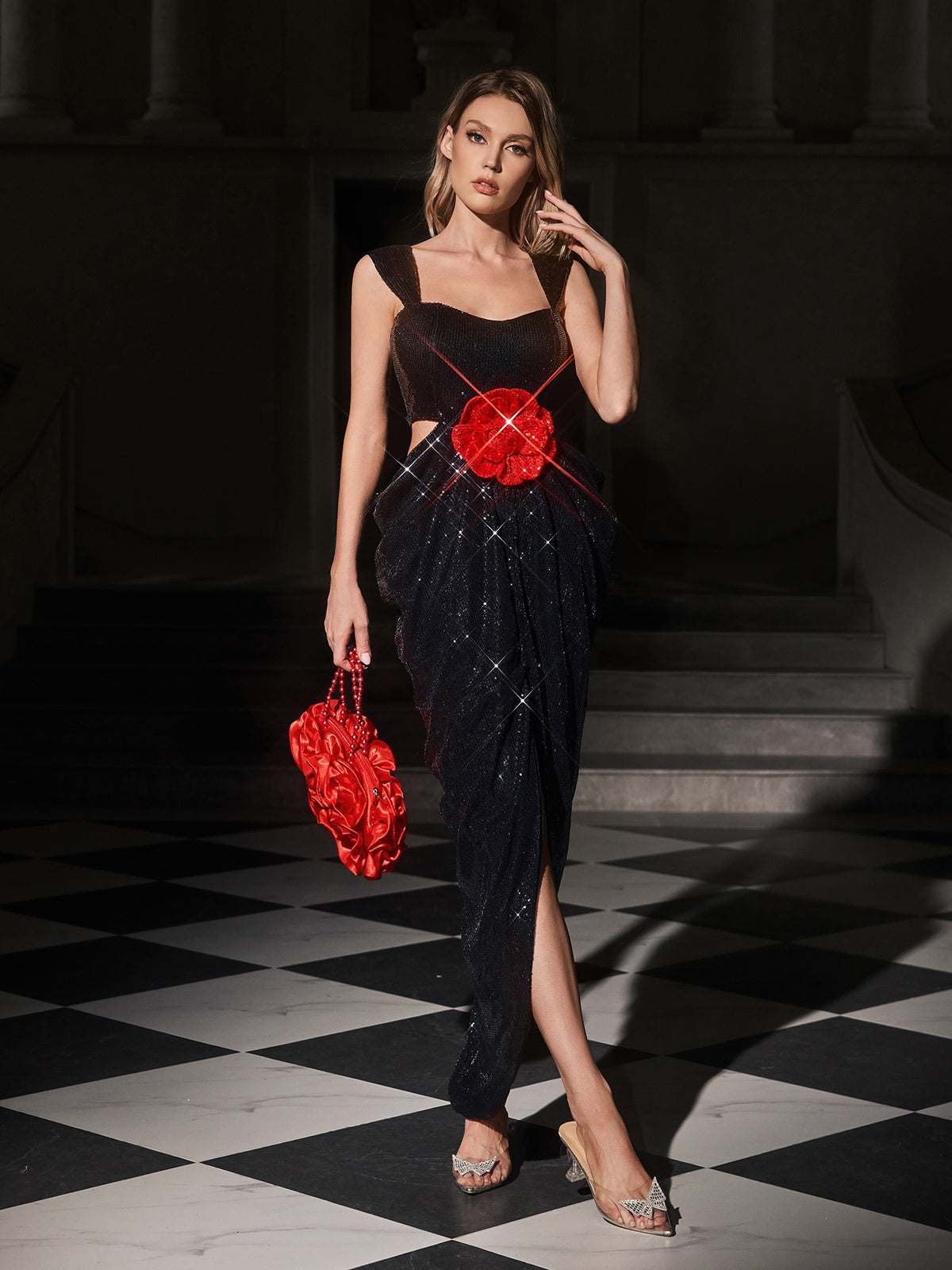 Elythar Flower Sequin Split Maxi Dress