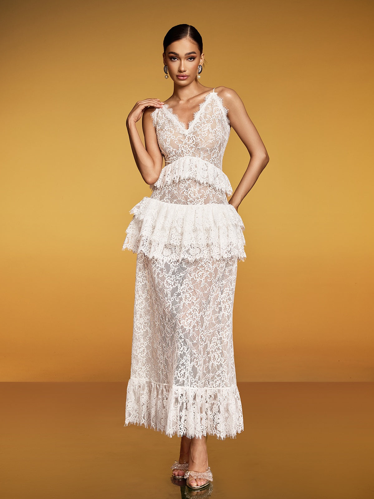 Emanea Spaghetti Lace Floral Maxi Dress