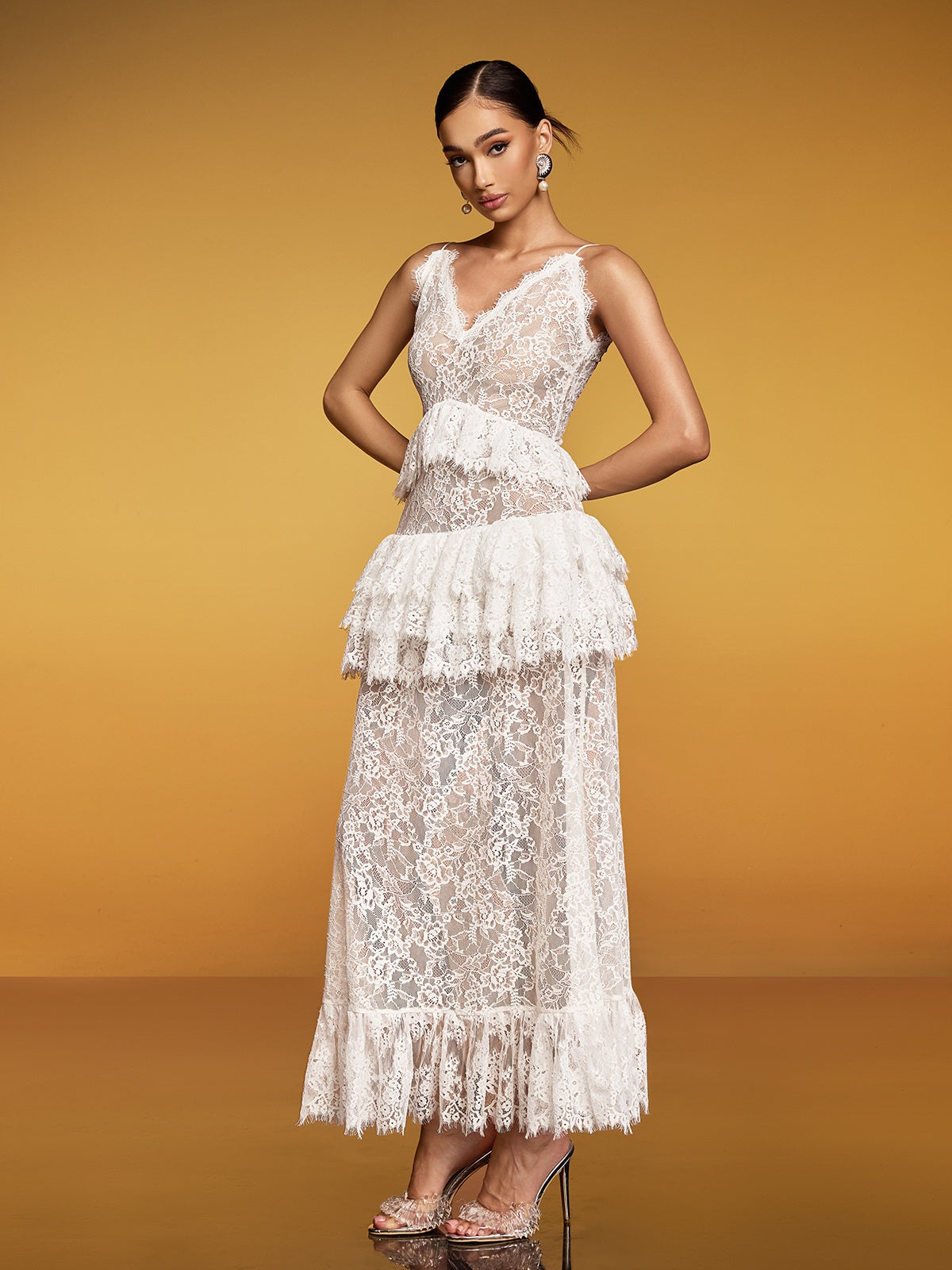 Emanea Spaghetti Lace Floral Maxi Dress