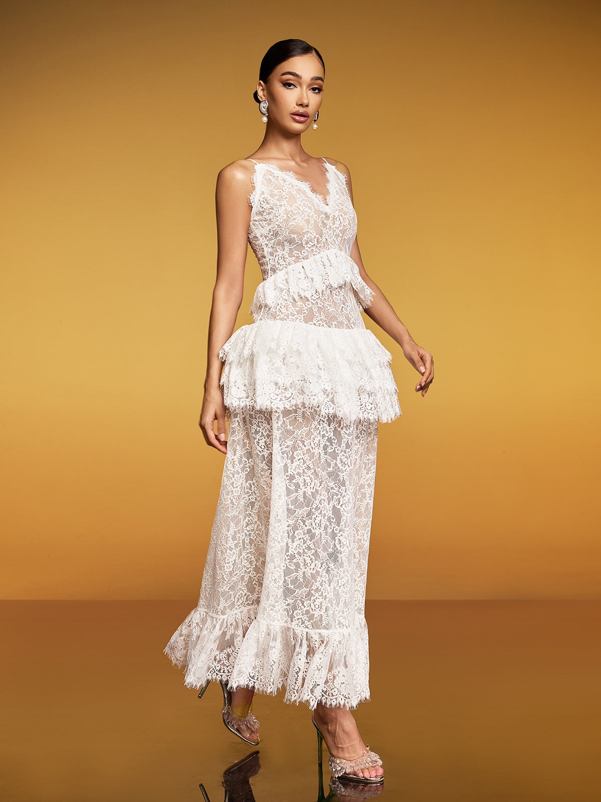 Emanea Spaghetti Lace Floral Maxi Dress